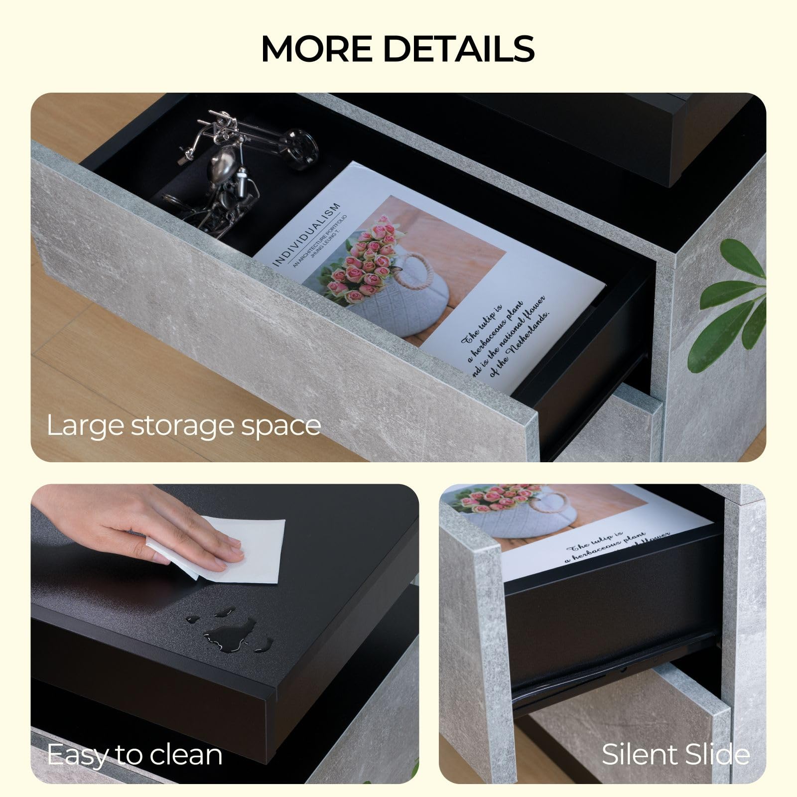Modern LED Nightstand with 2 Drawers - Wooden Bedside Table with Soft Lighting for Bedroom, Living Room End Table (Grey) - Perfect for Reading, Charging Devices & Bedroom Storage