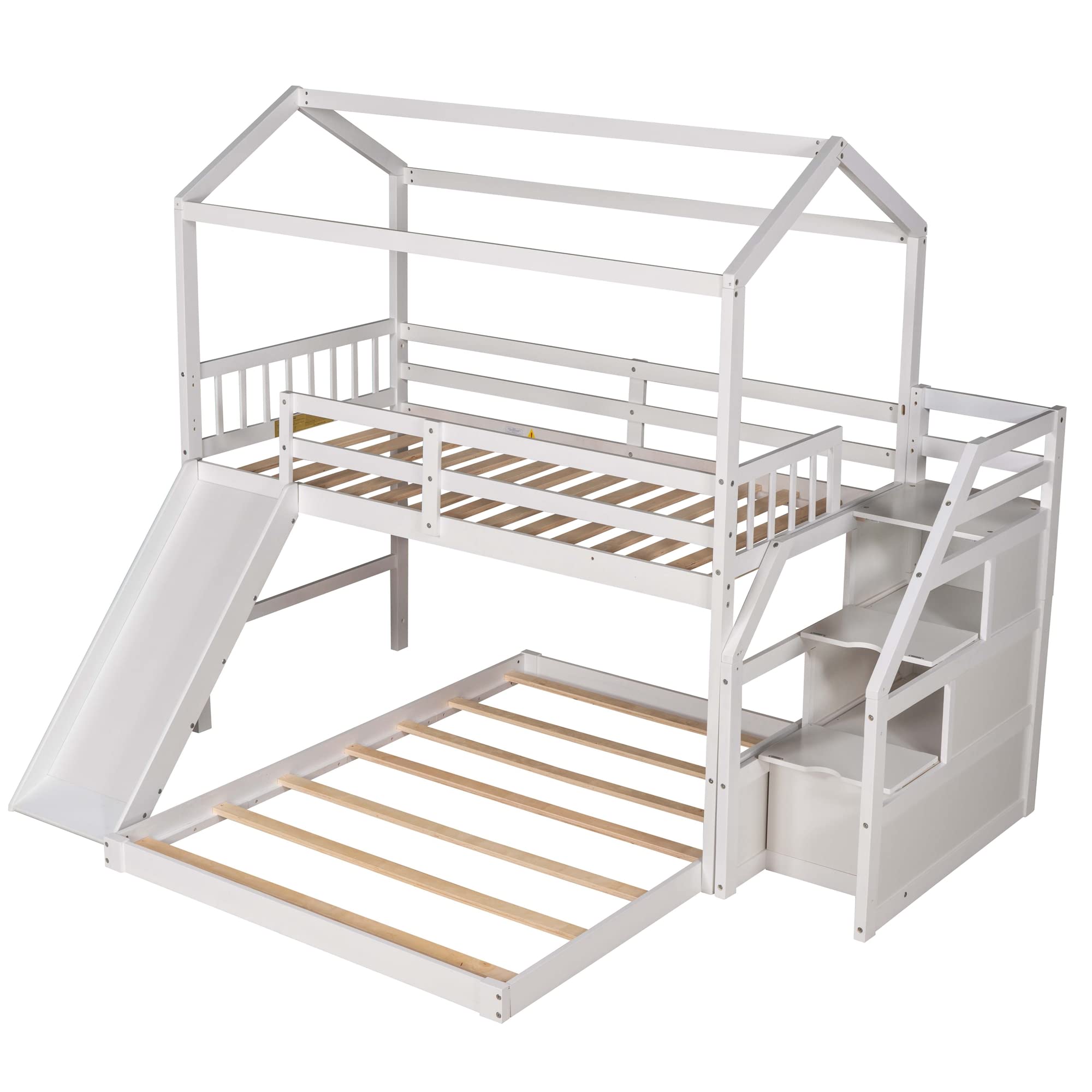 LZ LEISURE ZONE Twin Over Full Bunk Bed with Slide & Storage Stairs - Convertible Wooden House Bunk Bed Frame for Kids, Teens & Adults - Safe Full-Length Guardrail - Perfect for Small Bedrooms, Guest Rooms & Vacation Homes (White)