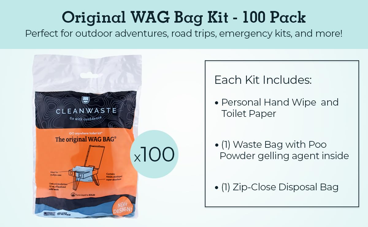Cleanwaste WAG Portable Toilet Bags - 100 Pack | Disposable Travel Toilet Bags for Camping, Hiking, Road Trips & Emergency Preparedness