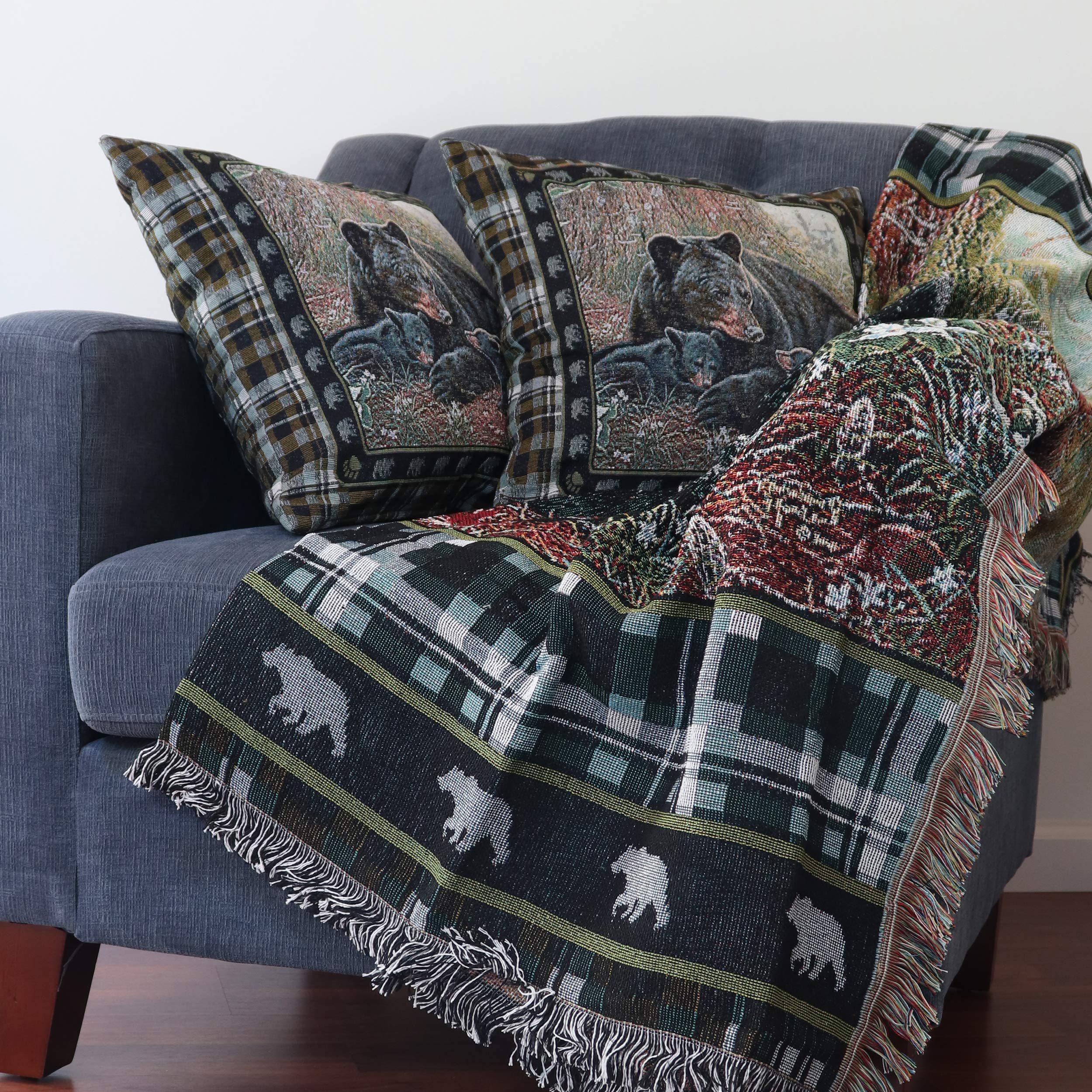 Rivers Edge Products 18x18 Inch Tapestry Throw Pillow Set of 2 - Square Decorative Pillows with Removable Covers for Living Room, Bedroom, Sofa - Rustic Bear Design Home Decor for Cabin, Lodge, Farmhouse Style
