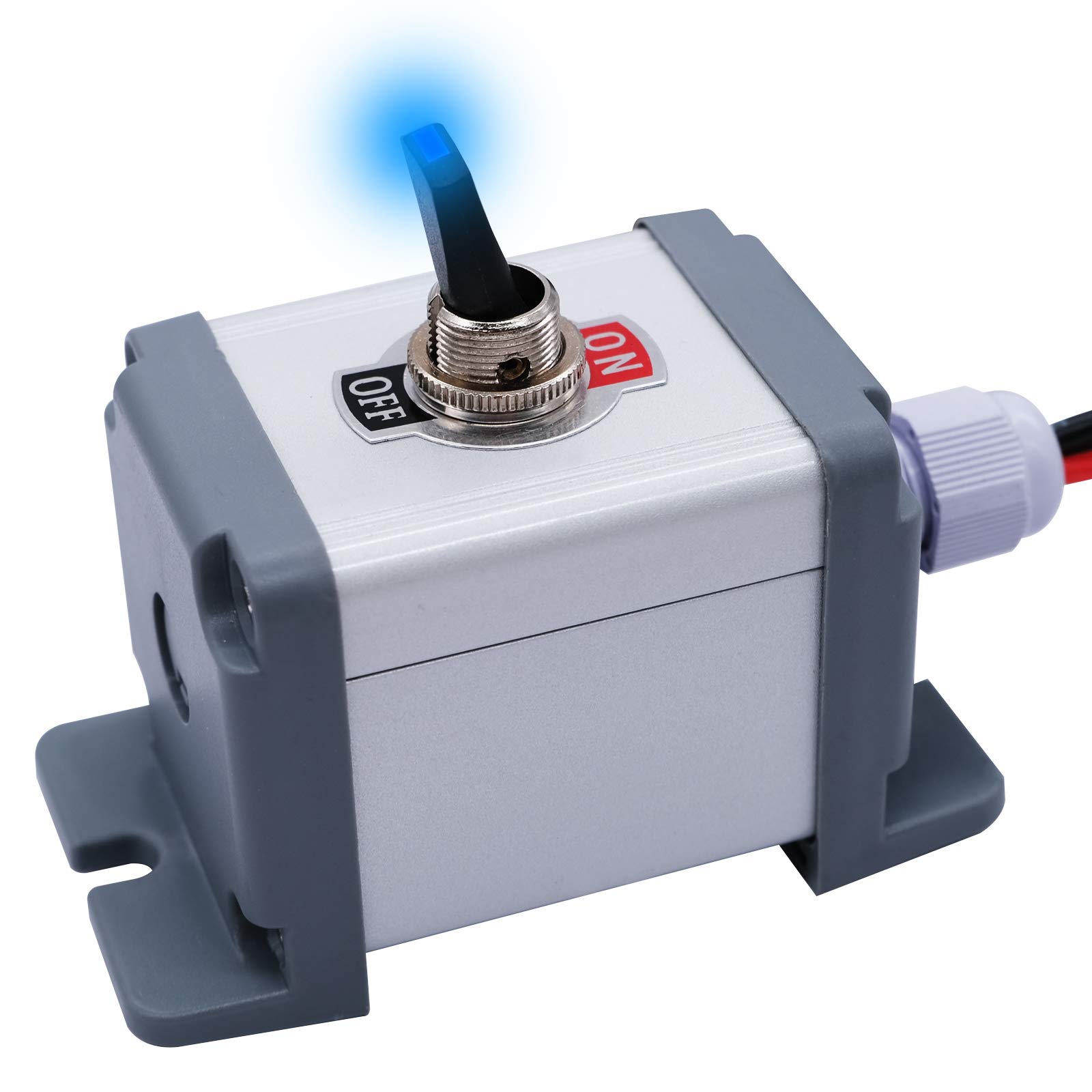 12V 30A Blue LED Lighted Toggle Switch Box - Sealed Metal Station with Wire, SPST ON/Off 2 Position 3 Pin Switch for Car, Truck, Boat, ATV & Marine Applications - Waterproof Electrical Control for Automotive, Marine & Off-Road Vehicles (Model: JH-ASW-07D-2-BU)