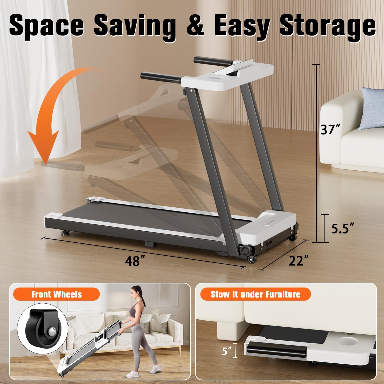 Folding Treadmill 300LBS Capacity - Compact Electric Running Machine with LED Display, 3.0HP Motor for Walking Jogging & Running - Portable Home & Office Treadmill for Small Spaces, Apartment Workouts & Indoor Cardio Training