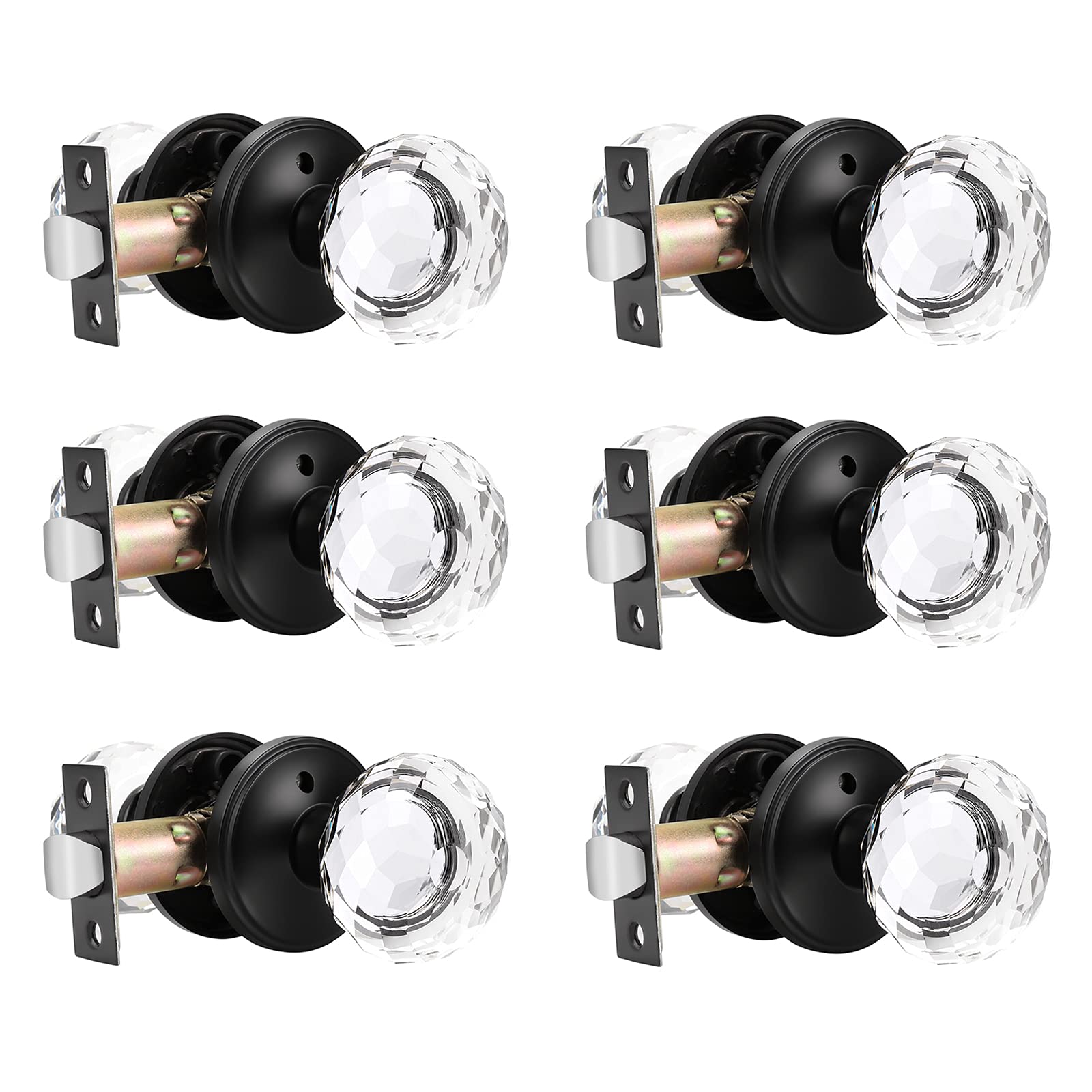 Probrico Black Diamond Crystal Privacy Door Knobs - Heavy Duty Round Faceted Glass Door Handles (6 Pack) for Bedroom, Bathroom & Closet - Keyless Entry, Modern Home Decor & Interior Upgrade