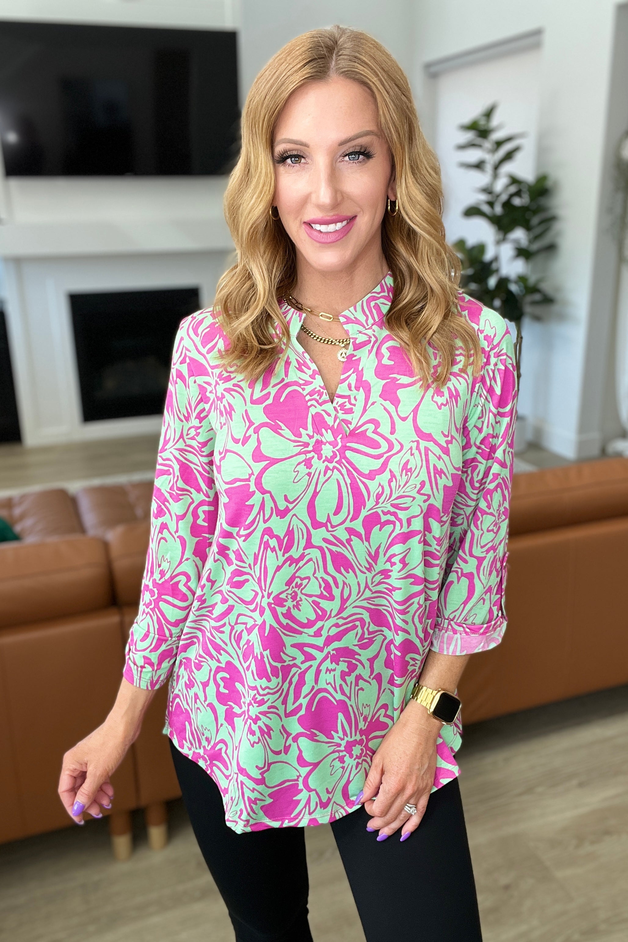 Lizzy Women's Floral Print Blouse - Emerald Pink V-Neck Tunic Top for Casual Wear & Office Outfits