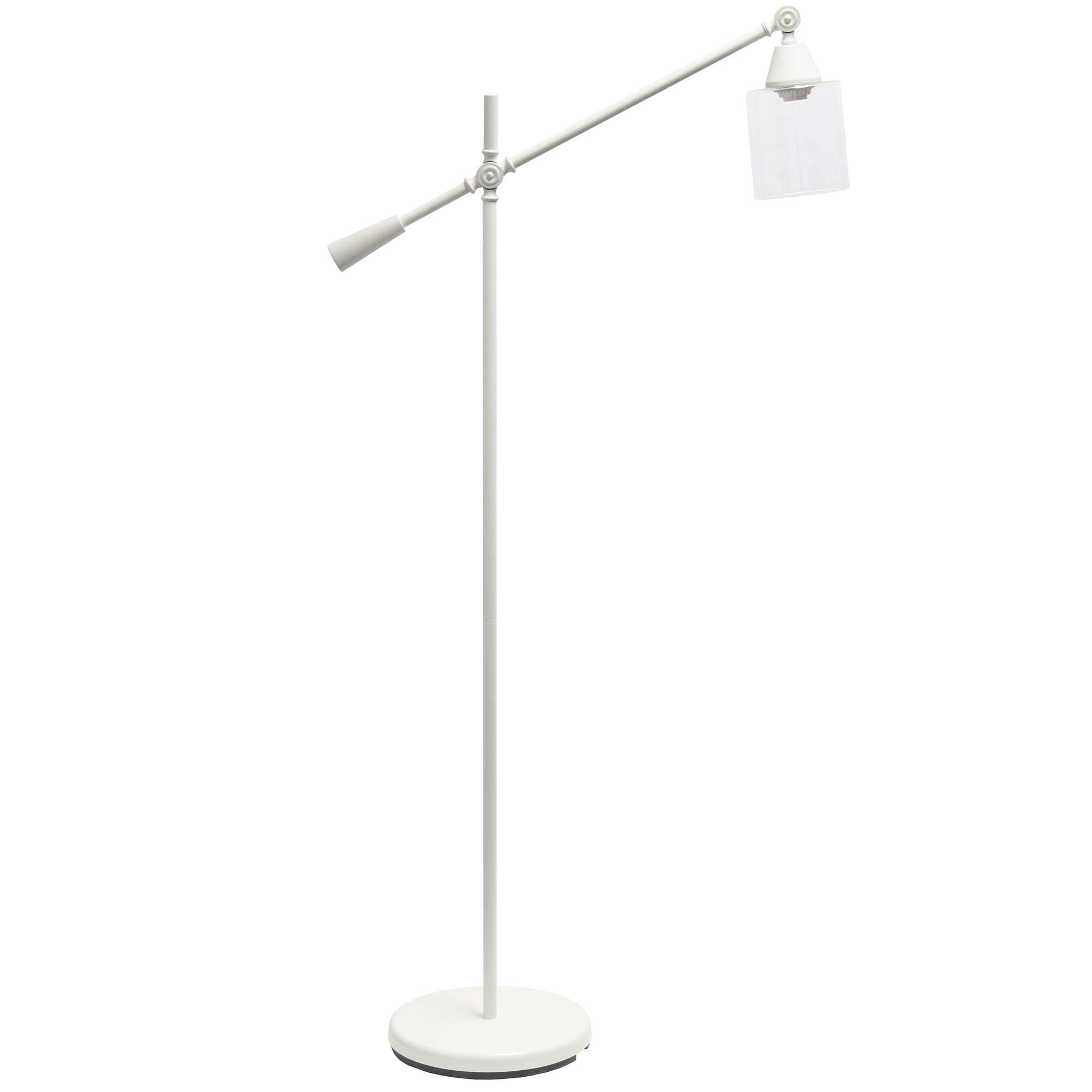 Modern Swing Arm Floor Lamp with Clear Glass Cylindrical Shade - Adjustable Reading Light for Living Room, Bedroom & Office - White Contemporary Lighting Fixture