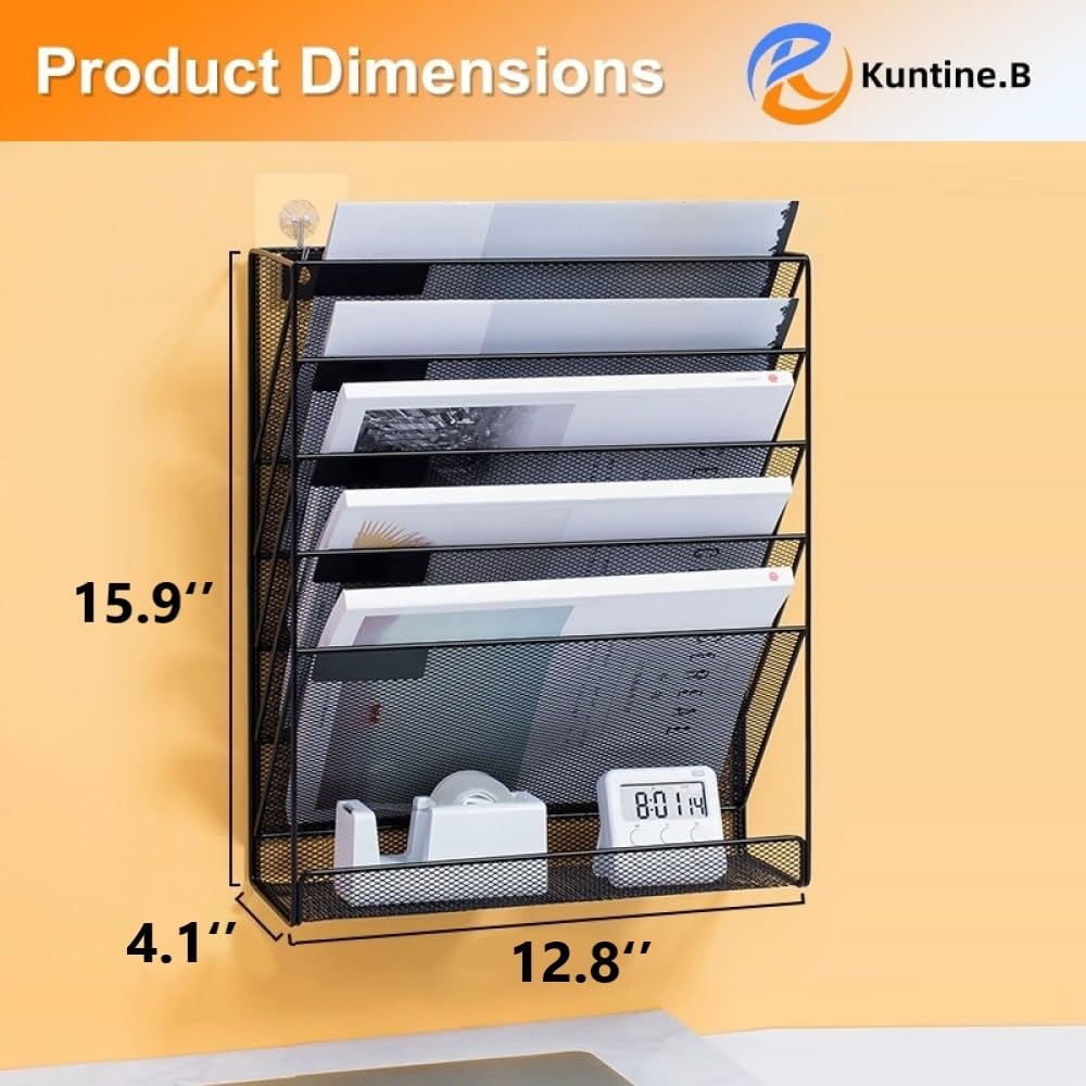 Kuntine.B 6-Tier Wall Mount File Organizer - Space Saving Hanging File Holder for Office, Home & Cubicle - Perfect for Documents, Mail & Office Supplies (Black)