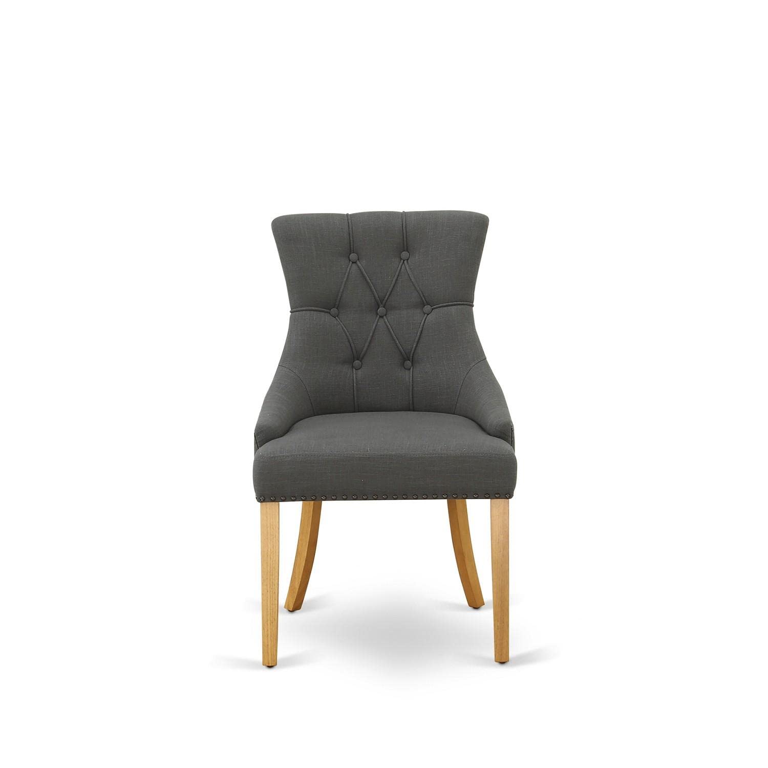 East West Furniture FRP4T20 Friona Parson Dining Room Chairs Set of 2 - Dark Gotham Linen Upholstered, Button Tufted with Nailhead Trim, Solid Oak Frame - Perfect for Formal Dining Rooms, Kitchen Tables & Elegant Home Decor
