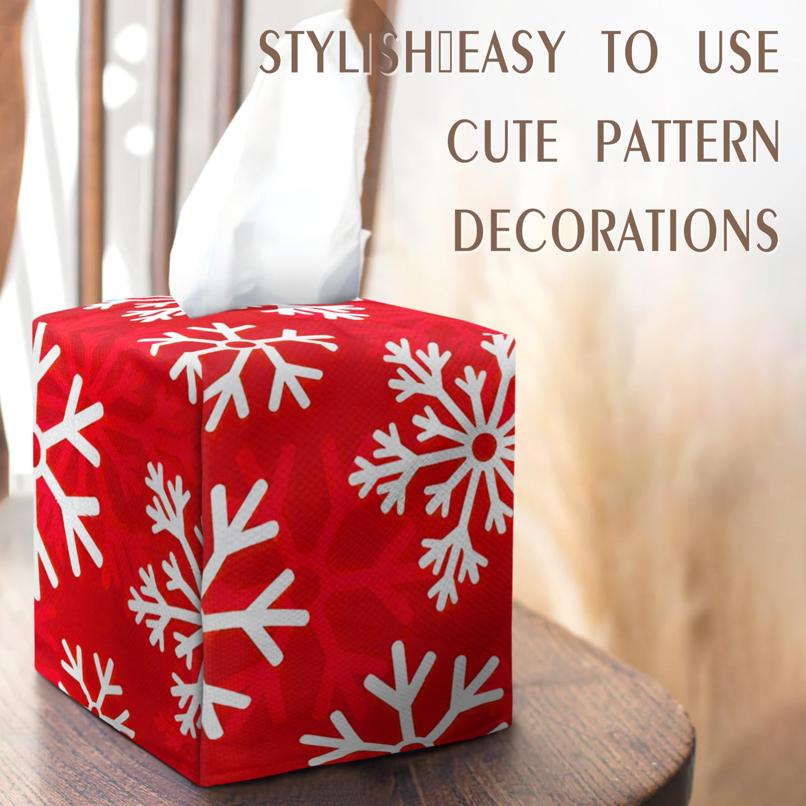 IRADA Square Velvet Tissue Box Cover - Decorative Cute Funny Cube Holder for Christmas Decor with Snowflake Design (Red) - Perfect for Home, Office, and Holiday Decorations