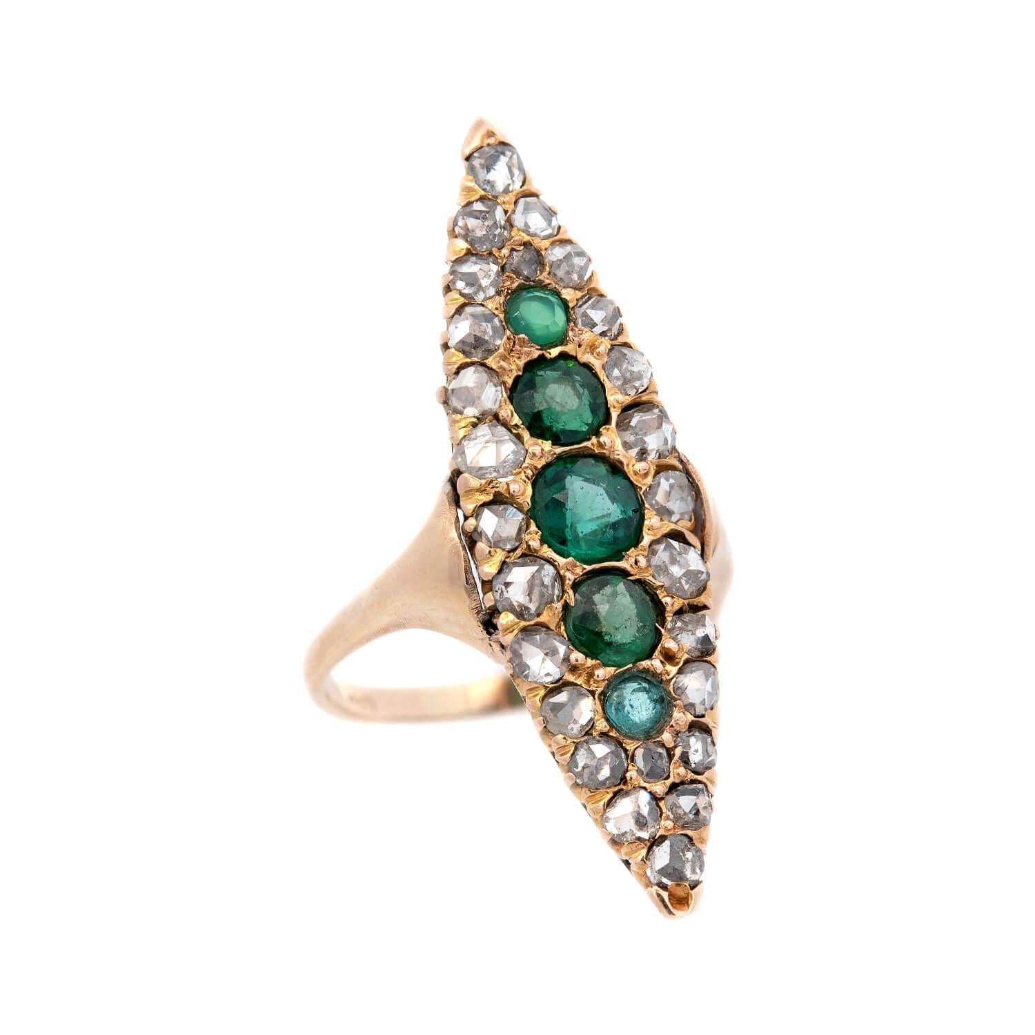 18k Edwardian Diamond and Emerald Navette Ring - Vintage Antique Jewelry for Women, Elegant Gift for Brides, Anniversaries & Special Occasions