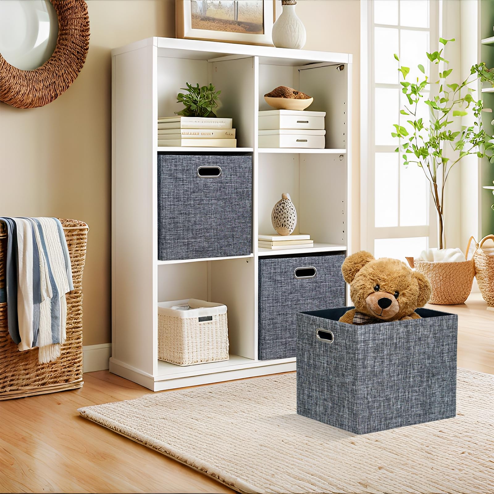13x15x13 Foldable Fabric Storage Cube Bins with Handles - 4 Pack Black Linen Storage Baskets for Shelves, Closet, Wardrobe & Bookcase Organization - Perfect for Bedroom, Kids Room & Home Storage Solutions