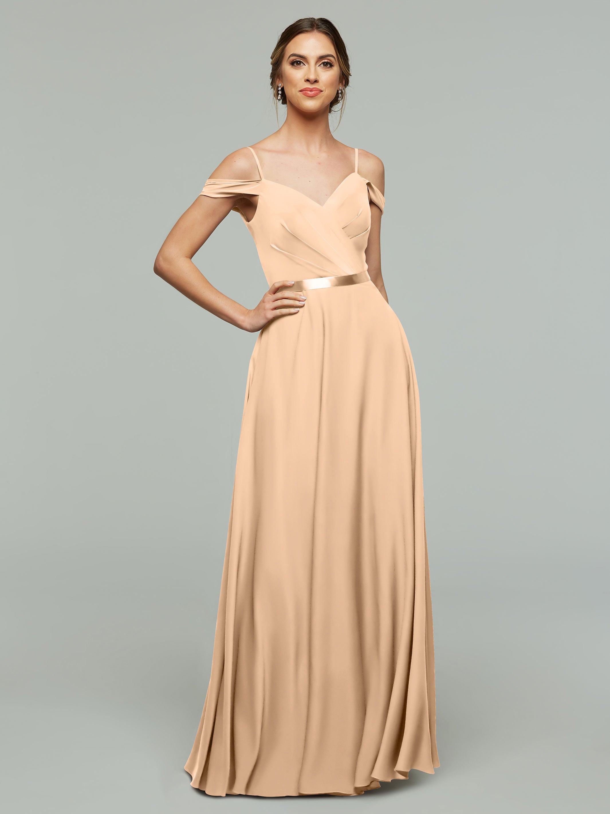 Elegant Off-The-Shoulder Stretch Chiffon A-Line Bridesmaid Dress with Sash - Perfect for Weddings, Formal Events & Special Occasions