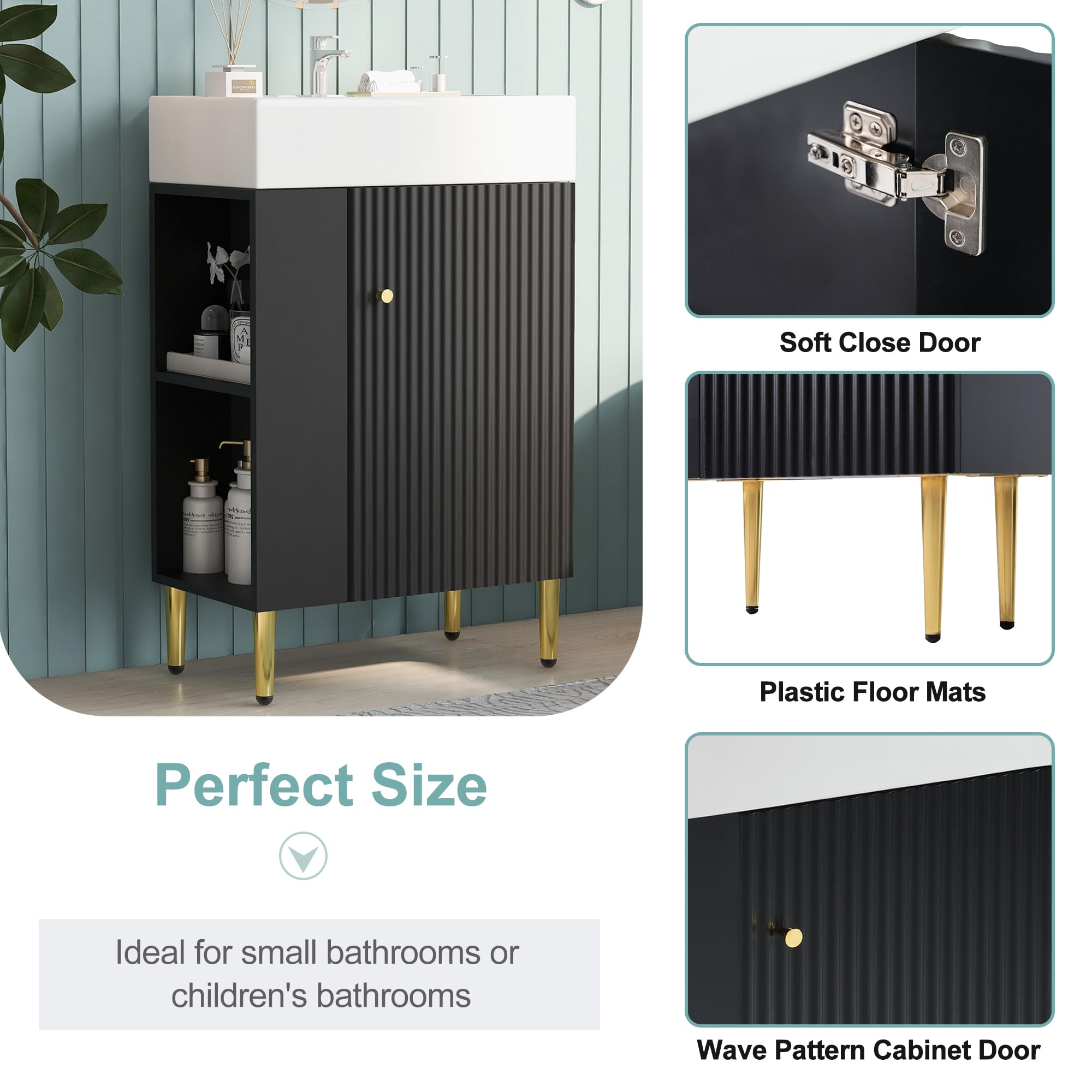 21.6 Inch Modern Bathroom Vanity Set with Ceramic Sink - Space-Saving Left Side Storage Cabinet - Black Bath Vanity Combo for Small Bathrooms | Perfect for Apartments, Powder Rooms & Guest Baths