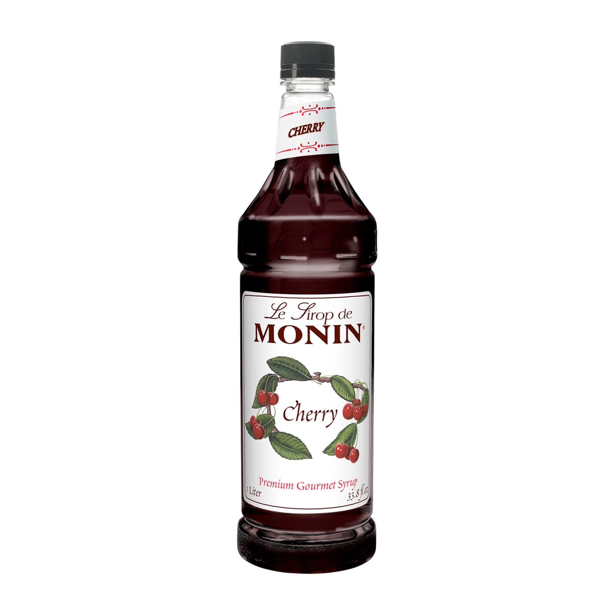 Monin Cherry Flavored Syrup - 33.8 oz (1 Liter) Plastic Bottle - Perfect for Cocktails, Coffee, Desserts & Baking