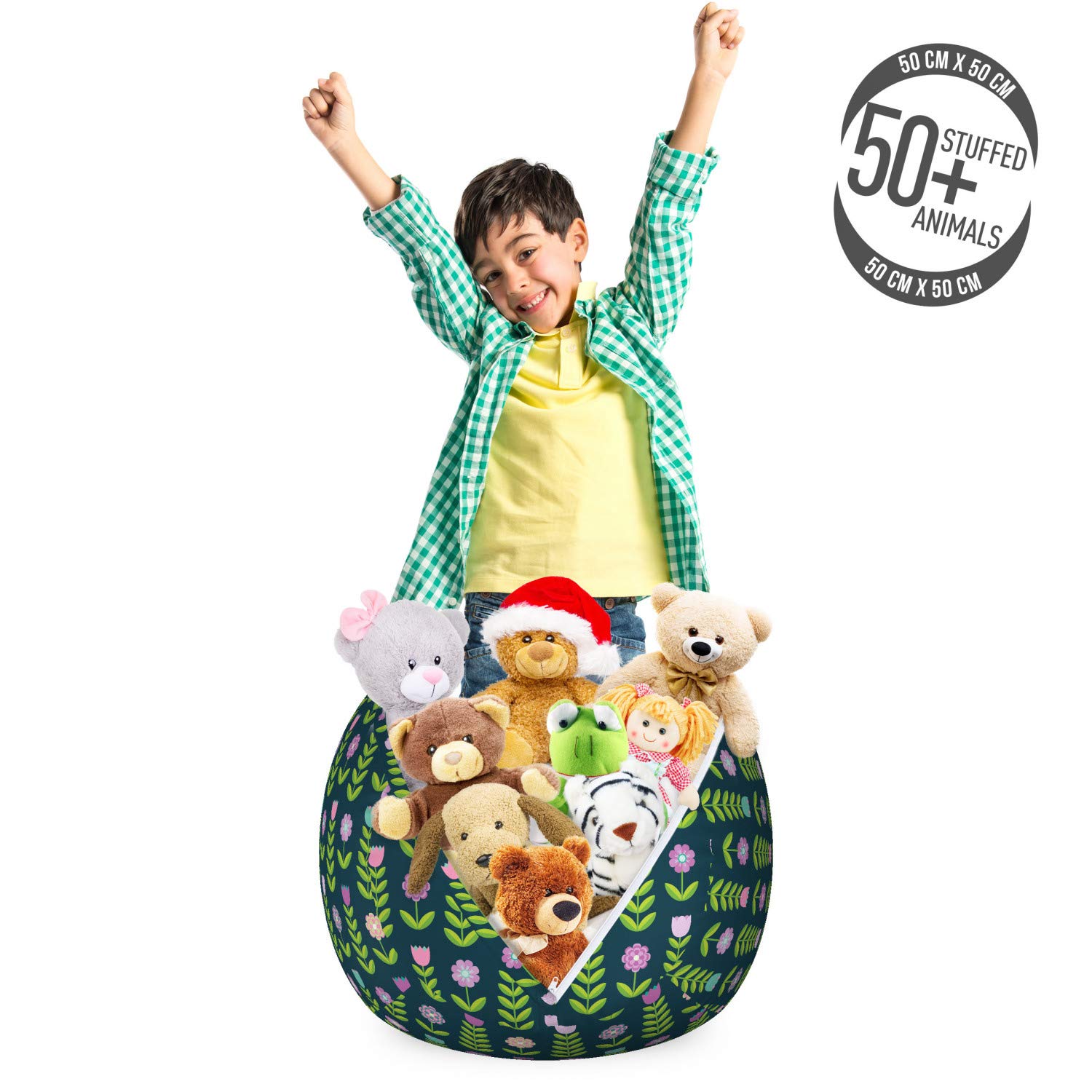 Ambesonne Floral Storage Toy Bag Chair - Geometric Flower Design Stuffed Animal Organizer, Washable Small Size in Fern Green & Dark Teal | Kids Room Decor, Playroom Storage, Nursery Organization Solution