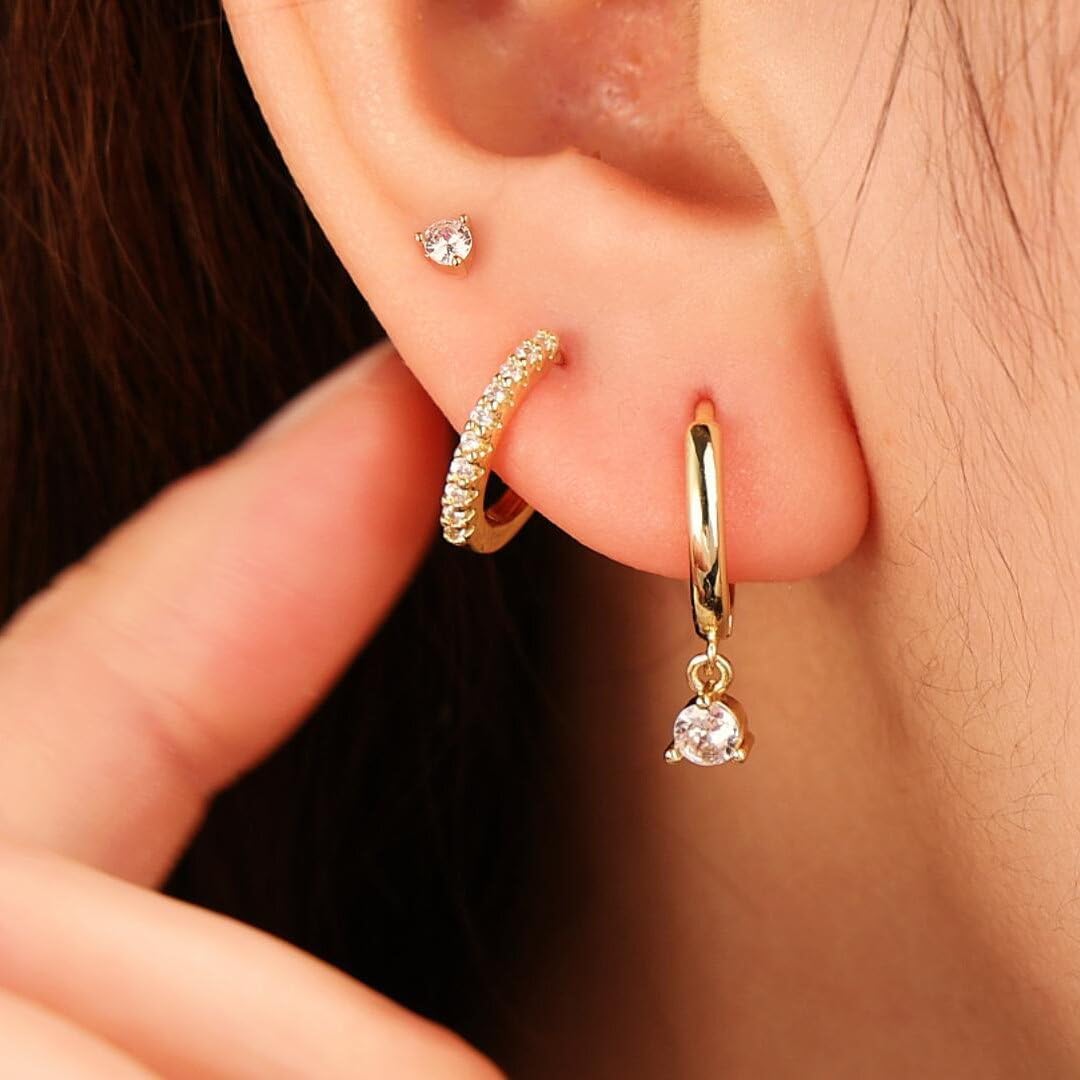 3 Pairs 14K Gold Plated Hoop Earrings Set - Dainty Stud, Small Dangle & Cartilage Huggie Earrings for Women | Hypoallergenic Trendy Gold Jewelry | Perfect for Everyday Wear, Parties & Gift Giving