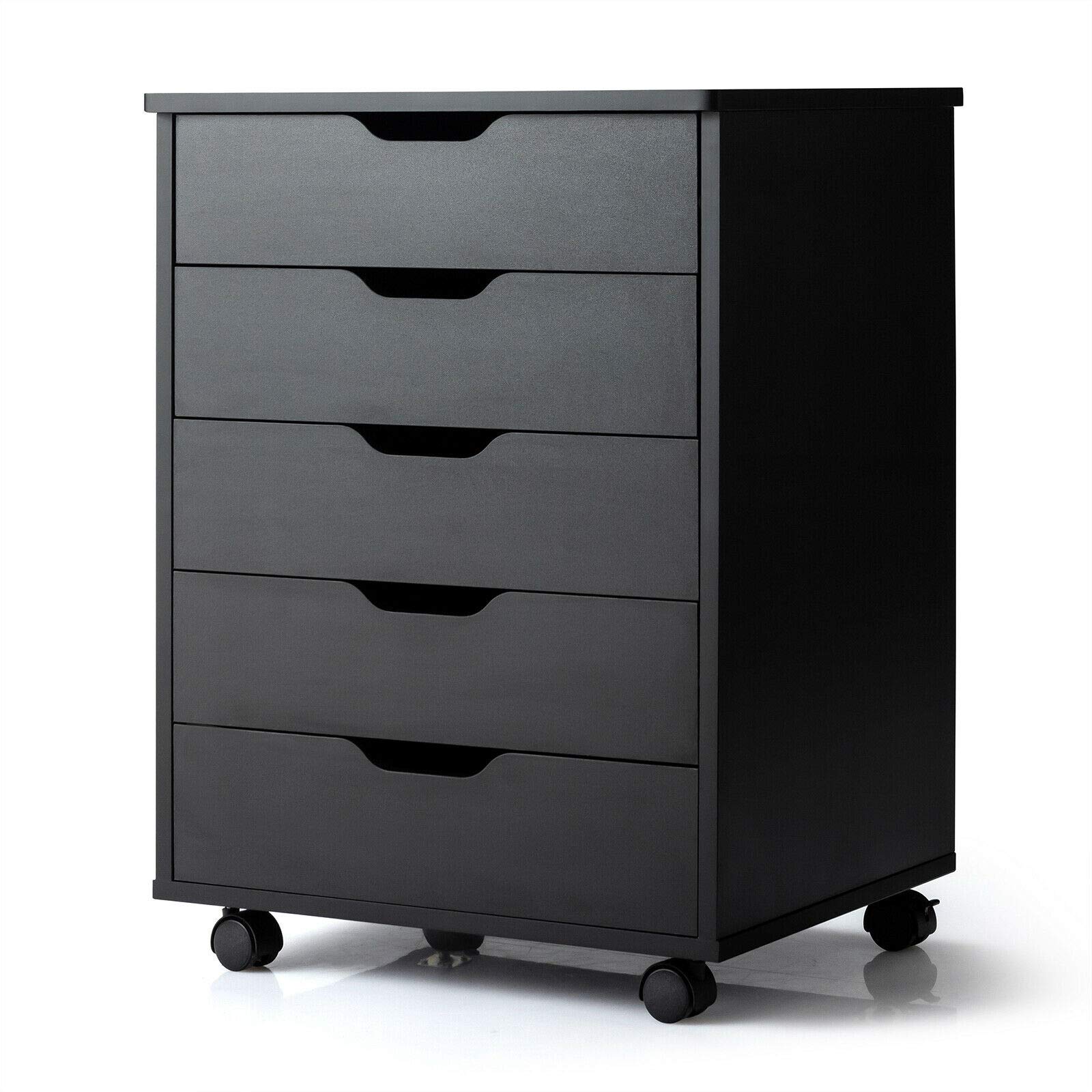 Black 5-Drawer Rolling Storage Dresser with 360° Swivel Wheels & Smooth Slides - Organize Files, Books, Cosmetics & Office Supplies | Perfect for Bedroom, Office & Dorm Storage Solutions