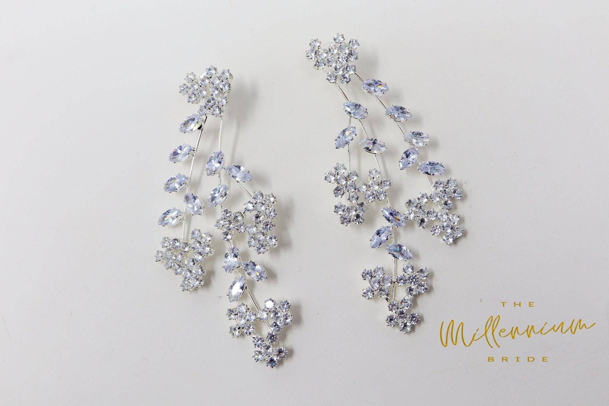 CZ Floral Three Vine Leaves Diamond Earrings - Long Crystal Bridal Jewelry for Wedding, Party & Special Occasions - Elegant Gold Statement Earrings for Women