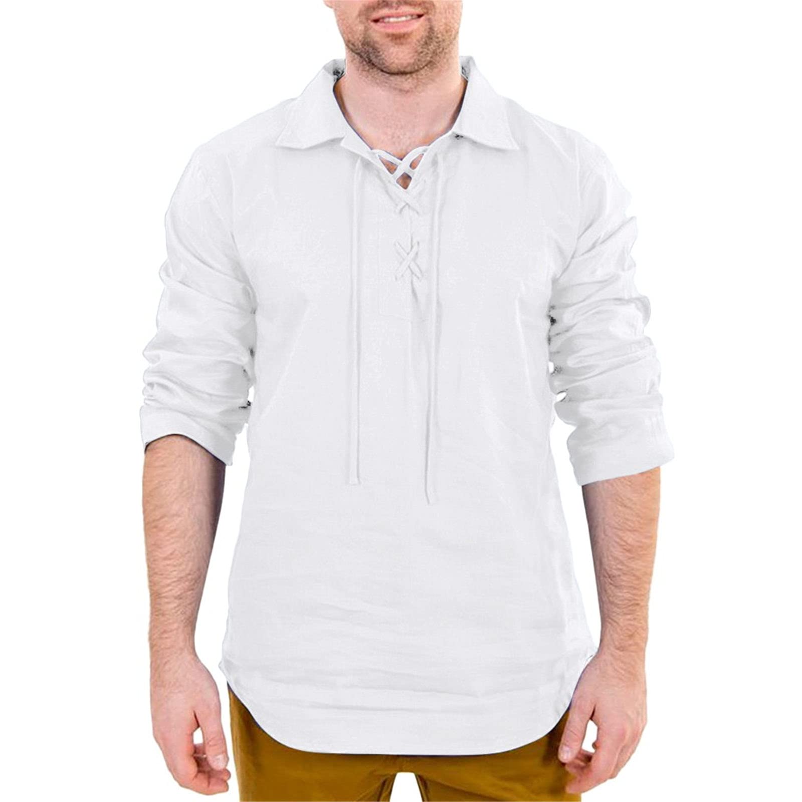 Men's Linen Cotton Blend Long Sleeve Retro Graphic T-Shirt - Solid Color Baggy Fit with Drawstring Detail - Perfect for Casual Wear, Street Style & Summer Outfits