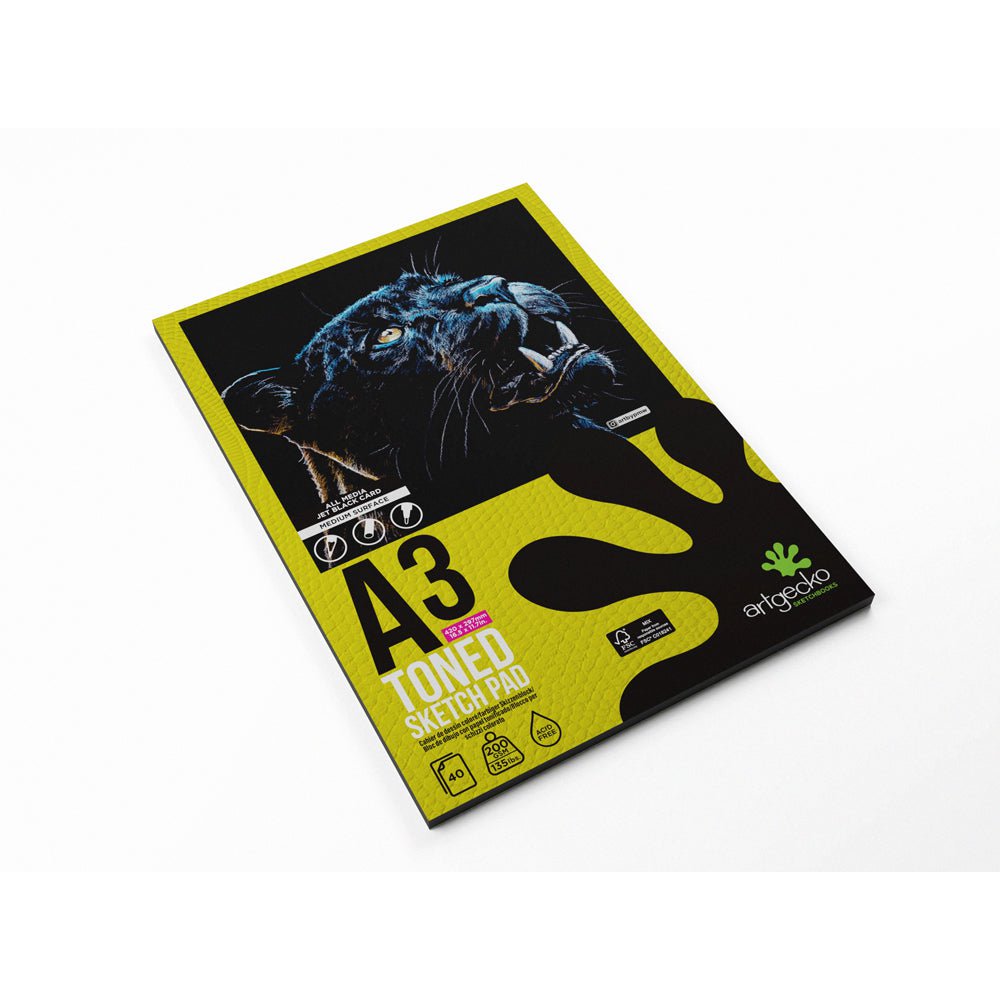 Artgecko Pro Toned Sketchpad A3 Size - 40 Sheets 200gsm Premium Black Paper for Drawing, Sketching & Charcoal Art - Perfect for Artists, Illustrators & Designers