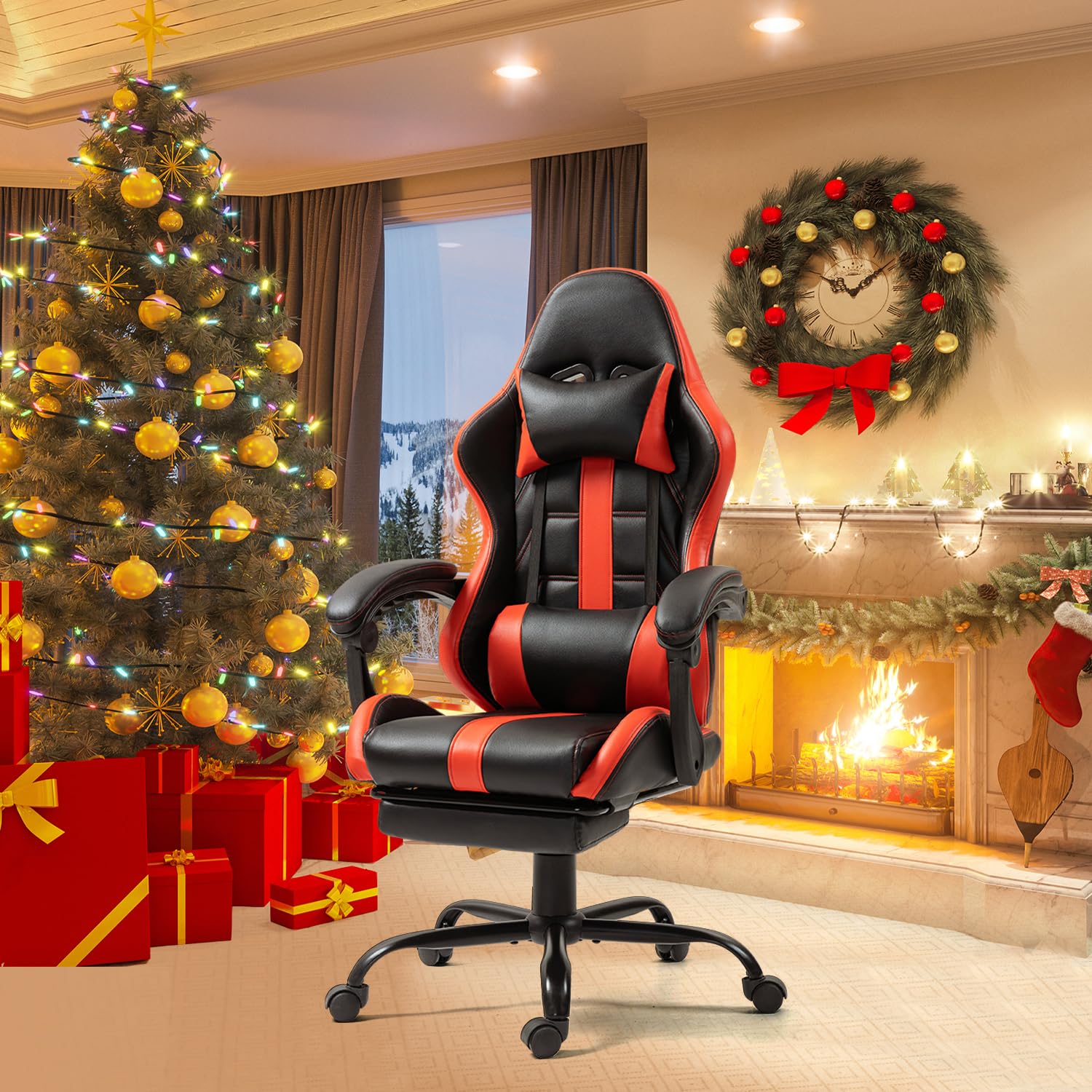ECOTOUGE Ergonomic Massage Gaming Chair with Footrest - Adjustable High Back Office Desk Chair with Headrest & Lumbar Support, 360° Swivel - Perfect for PC Gaming, Home Office & Relaxation (Red)
