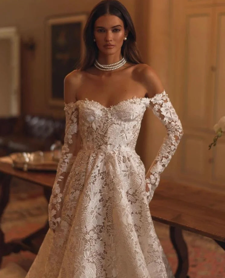 Luxury Vintage A-Line Lace Wedding Dress - Off-the-Shoulder Long Sleeve Customizable Bridal Gown for Elegant Church Ceremony & Romantic Beach Wedding