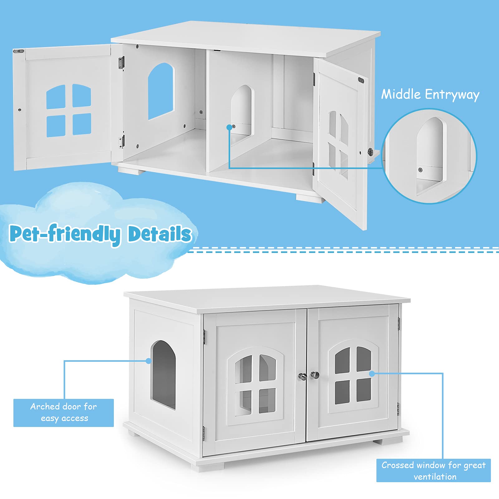 **White Wooden Cat Litter Box Enclosure - Hidden Kitty Washroom Storage Cabinet with Double Doors & Windows - Furniture Bench End Table for Living Room & Bedroom - Perfect for Small Spaces & Pet-Friendly Homes**