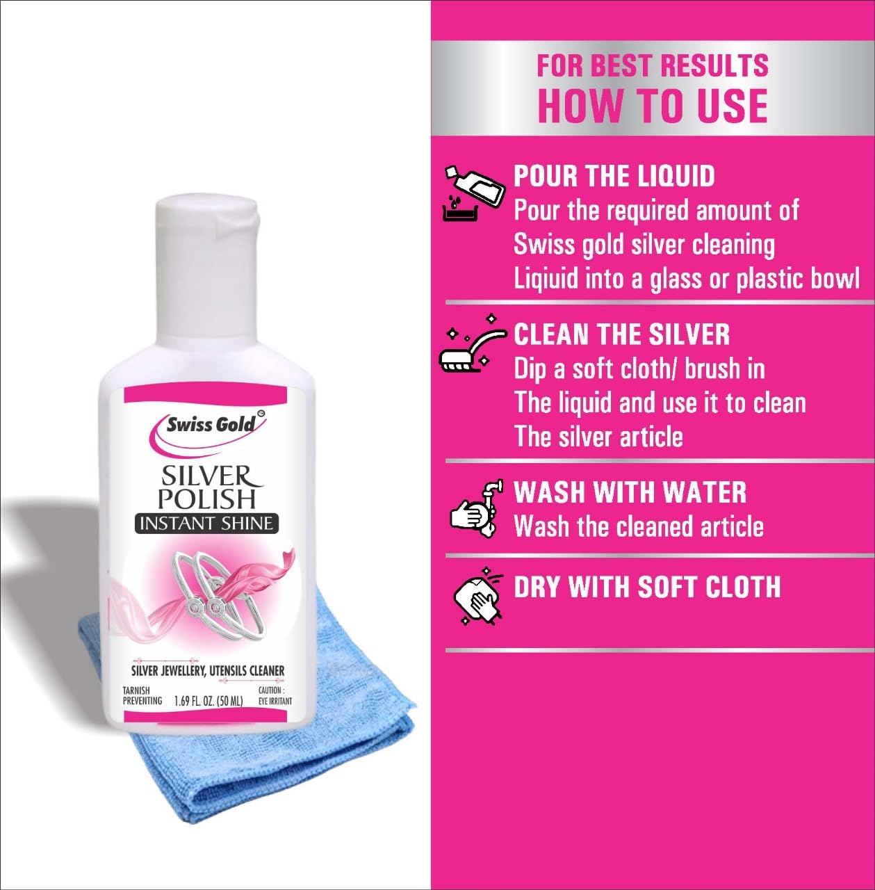 SWISS GOLD Instant Jewelry Cleaner & Polishing Liquid - Removes Tarnish from Gold, Diamonds & Gemstones - Quick Shine Restoration for Rings, Necklaces & Watches - Perfect for Wedding, Party & Everyday Jewelry Care