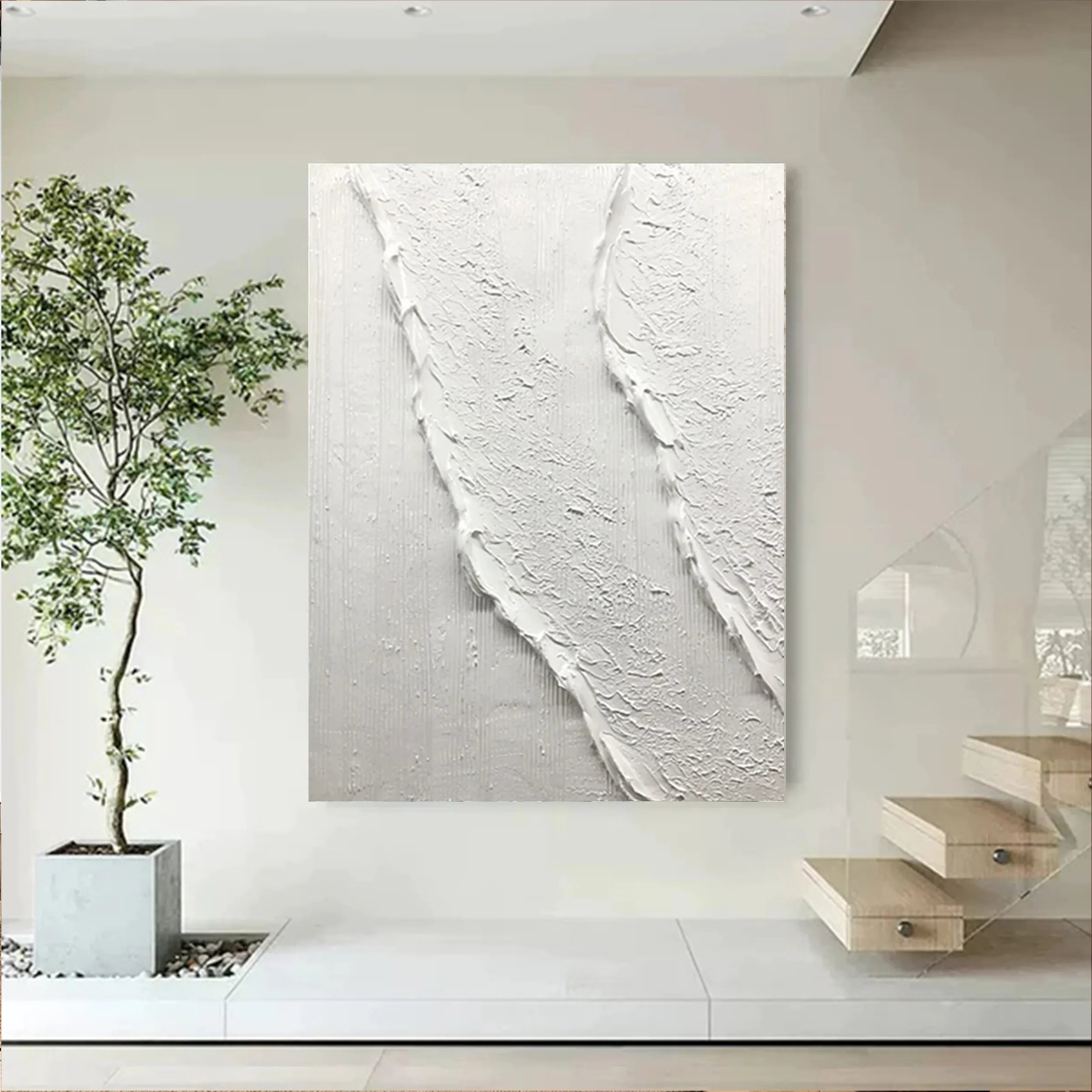 White Minimalist Textured Painting Canvas - Abstract Wall Art Decor for Living Room, Bedroom & Office | Premium Quality #MM179