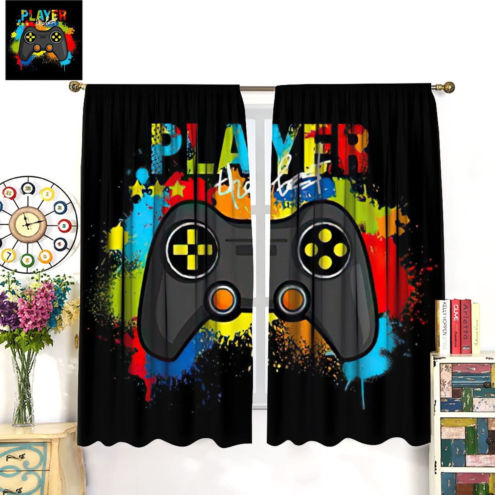 Colorful Game Joystick Gamer Window Curtain - Room Darkening Rod Pocket Blackout Curtain for Boys Girls Teens Bedroom (63x72 Inches) - Perfect for Gaming Rooms, Kids' Bedrooms & Man Caves