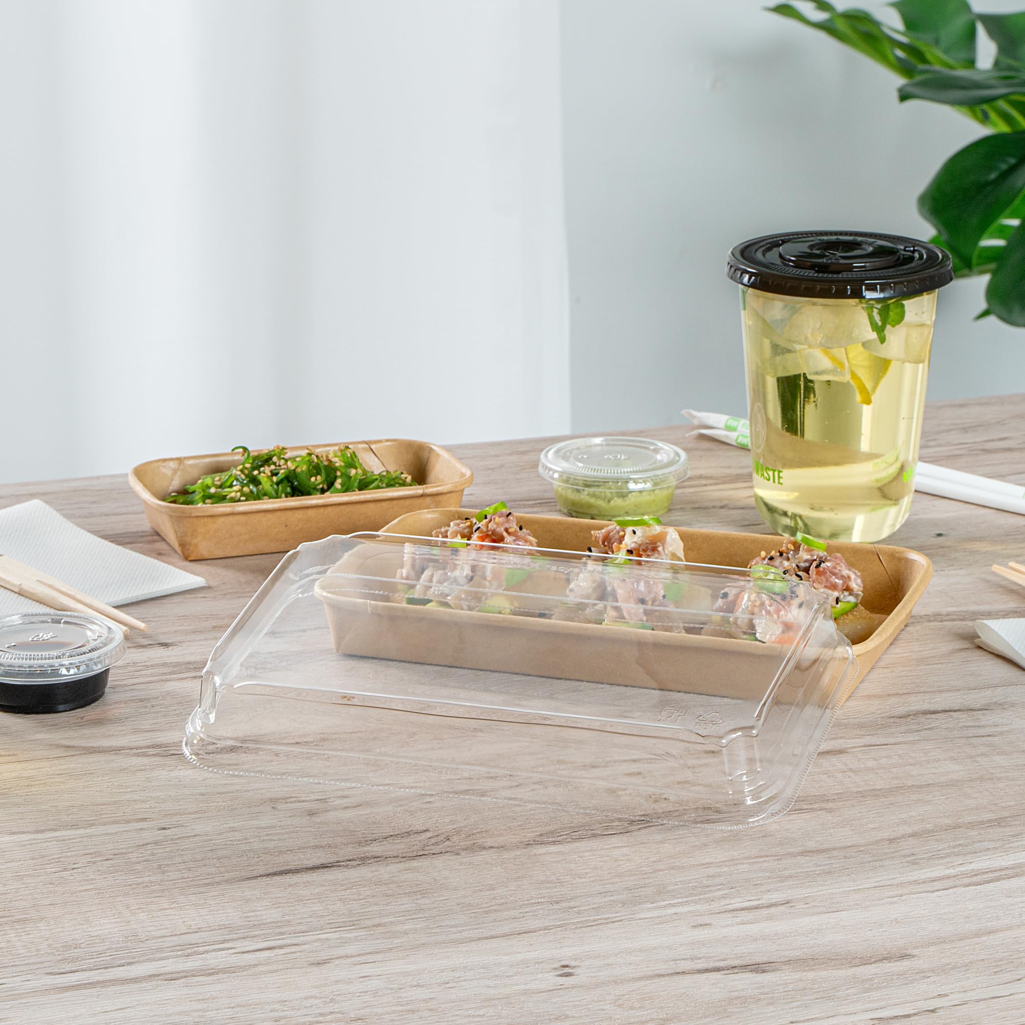 Matsuri Vision 8.8 x 5.5 x 1.2 Inch Clear Plastic Dome Lids for Sushi Containers - 50 Pack Airtight No-Fog Lids (Containers Sold Separately) - Perfect for Sushi Restaurants, Catering & Takeout Boxes