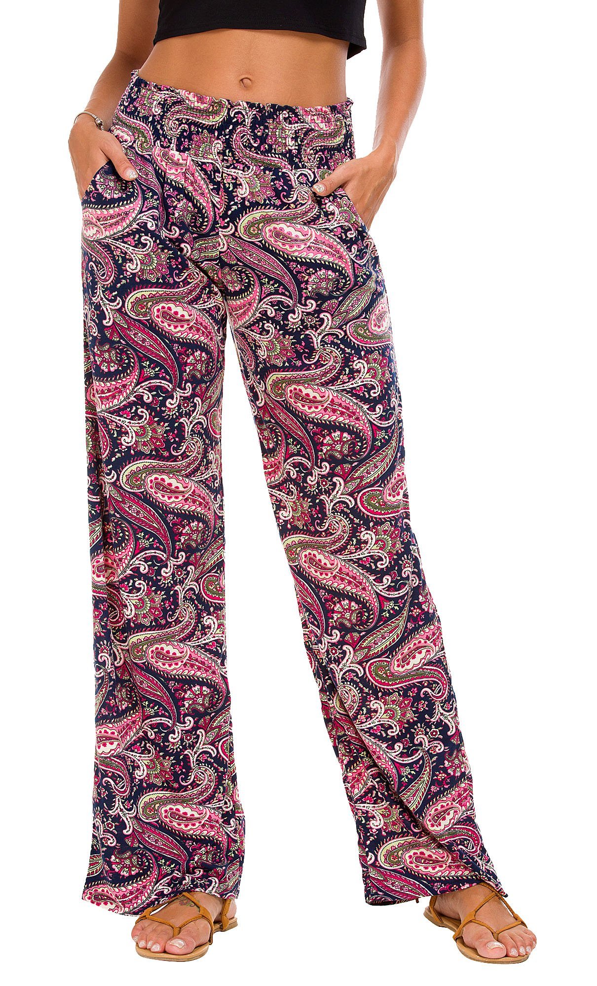Urban CoCo Women's Boho Palazzo Pants - Wide Leg Beach Lounge Pants with Pockets - High Waisted Comfortable Hippie Pants for Yoga, Travel & Summer Vacation