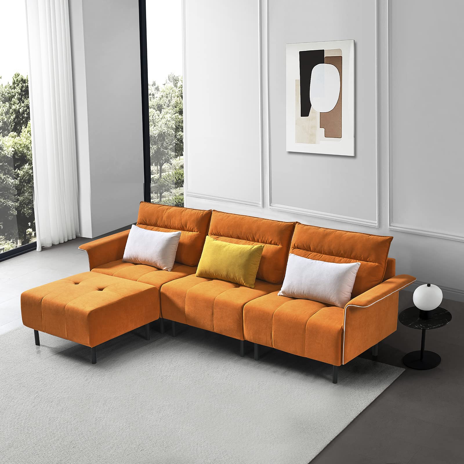 Modern L-Shaped Sectional Sofa with Removable Ottoman & Pillows - 3-Seater Microsuede Couch for Living Room, Office or Apartment - Comfortable Tufted Design in Vibrant Orange