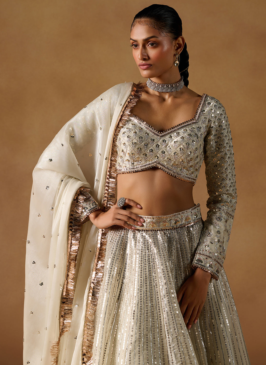Ivory Embroidered Tissue Lehenga Choli Set - Traditional Indian Bridal Wedding Outfit for Women - Perfect for Festivals, Sangeet & Mehendi Ceremonies