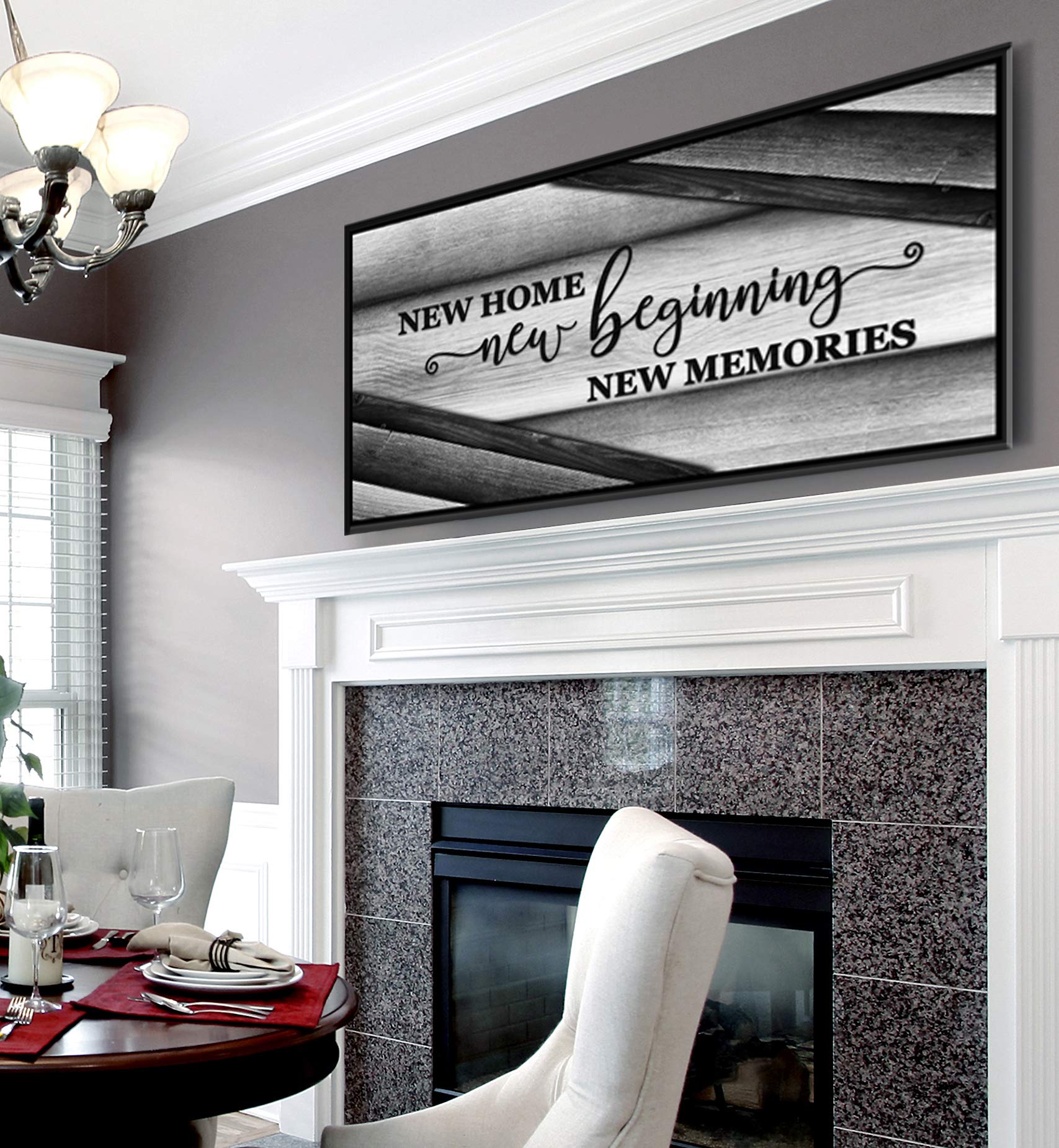 Wooden Framed Canvas Wall Art - Sense of Art New Home New Beginnings V15 - Housewarming Gift, Rustic Home Decor for Living Room, Religious & Farmhouse Style (Grey, 60x27 Inch Black Floating Frame) - Perfect for Wall Decor, Housewarming Parties & Cozy Home Interiors