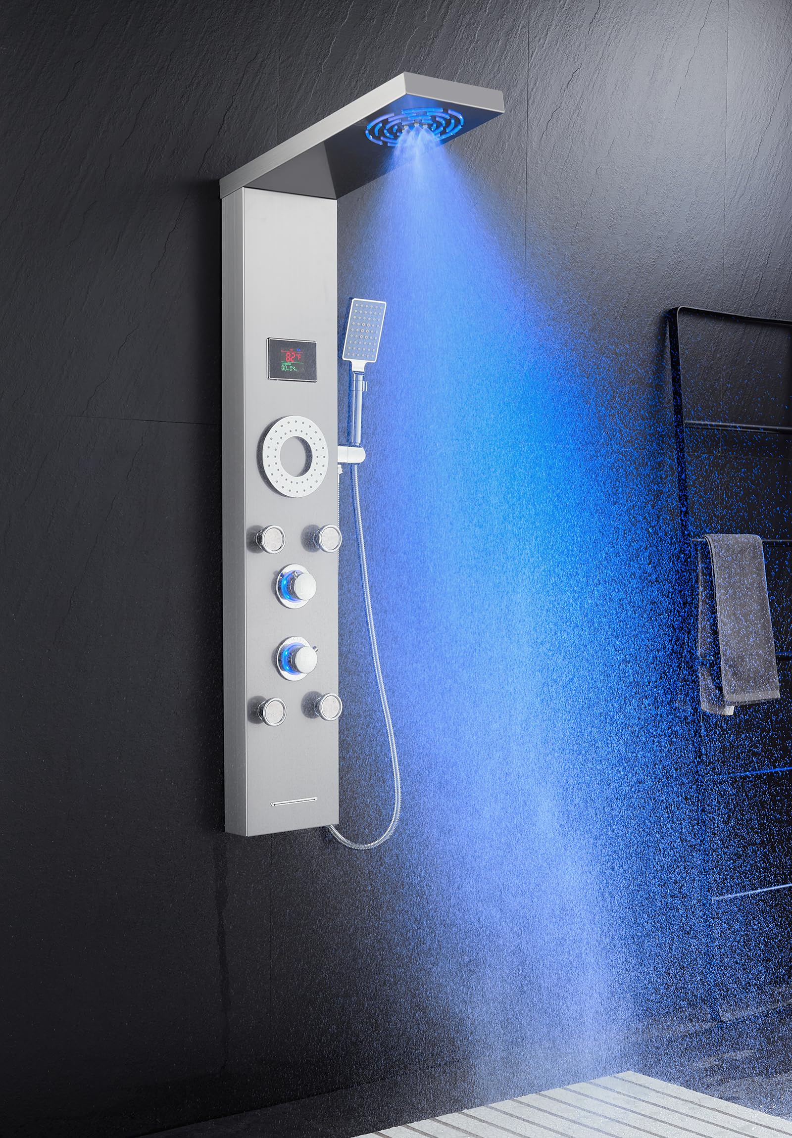 TSIBOMU LED Shower Panel Tower System with 5 Body Jets - Stainless Steel Rainfall & Mist Shower Tower, Handheld Shower & Tub Spout - Brushed Nickel Hydroelectric Temperature Display for Luxurious Bathroom Upgrade (Perfect for Modern Home Spa Experience)