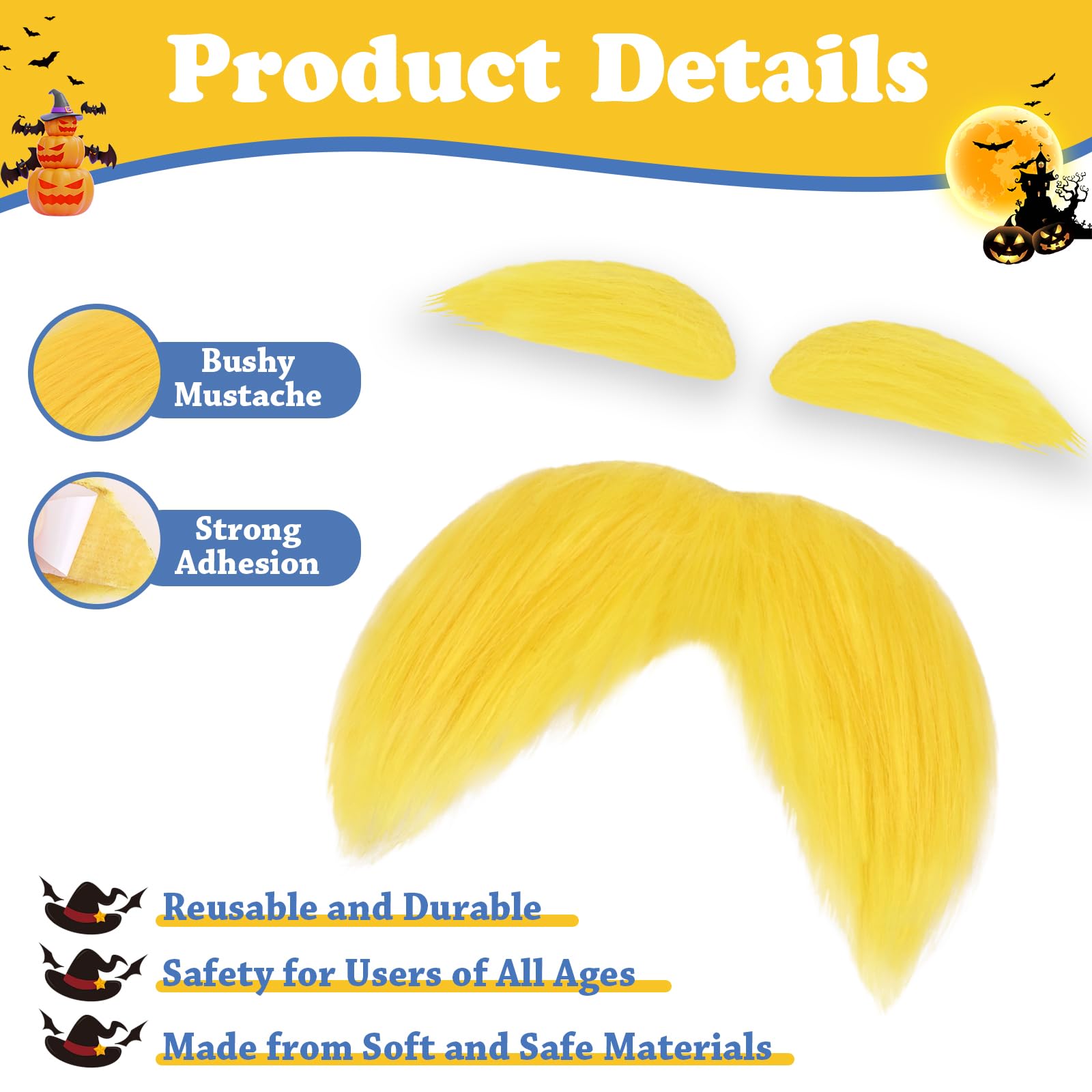 Self-Adhesive Fake Mustache and Eyebrows for Adults - Yellow Novelty Beard for Halloween Costumes, Cosplay, Parties & Dress Up - Funny Costume Accessories for Men and Women - Perfect for Halloween, Themed Parties, Comedy Shows and Pranks