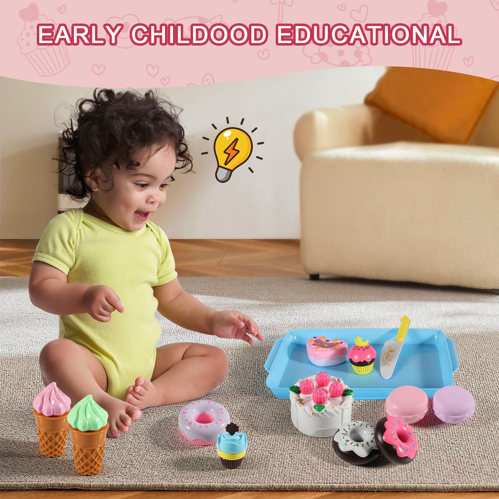 15-Piece Pretend Play Food Set for Kids - Realistic Toy Kitchen Accessories with Cutting Desserts, Cakes, Ice Cream & Donuts - Perfect Birthday Gift for Boys & Girls - Ideal for Role Play, Learning & Toddler Development
