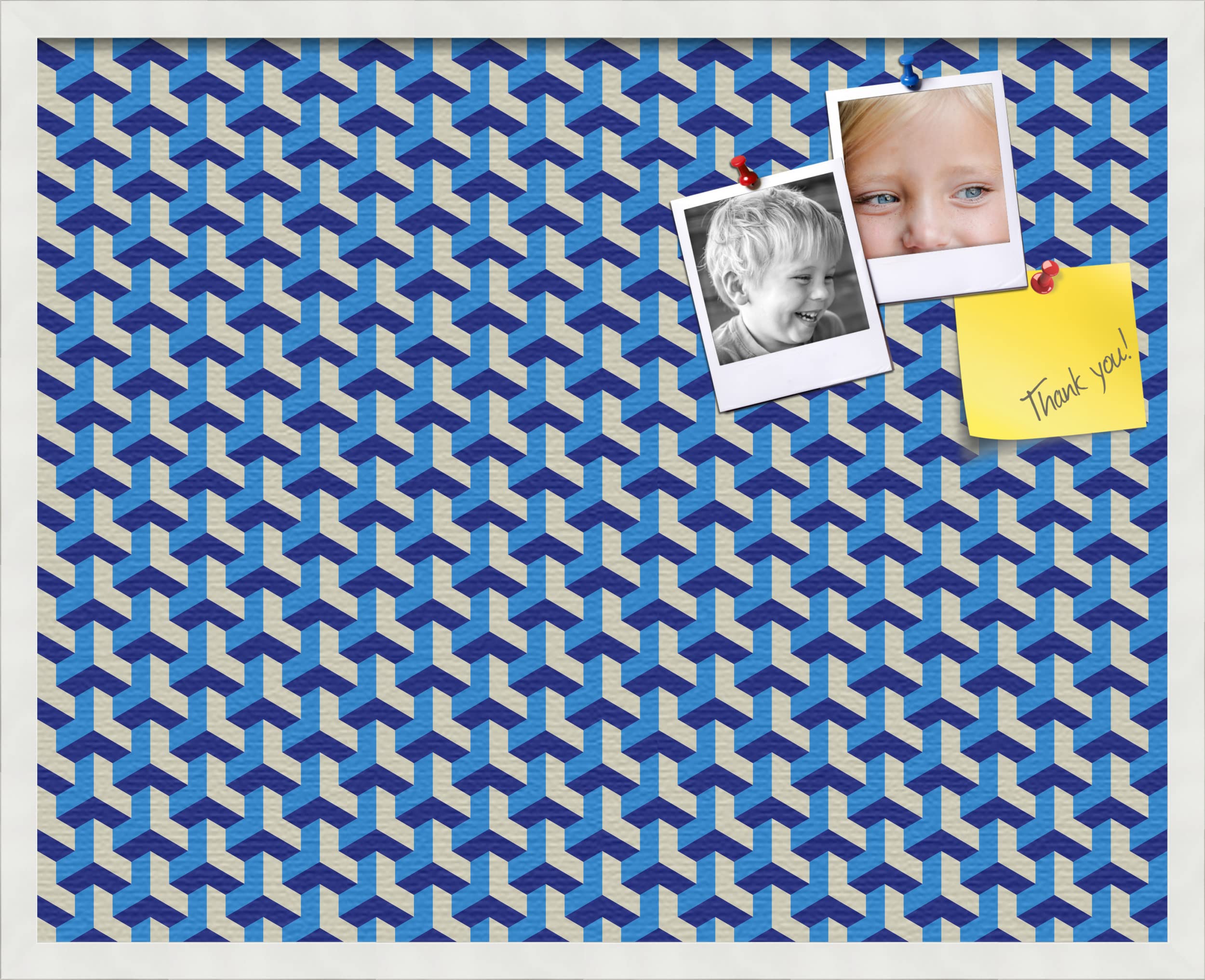 PinPix 30x24 Inch Cork Bulletin Board - Decorative Framed Pin Board with BAUS Blue Beige Design & Satin White Frame - Perfect for Home Office Decor, School Classroom, Dorm Room or Workspace Organization (PinPix-1532)
