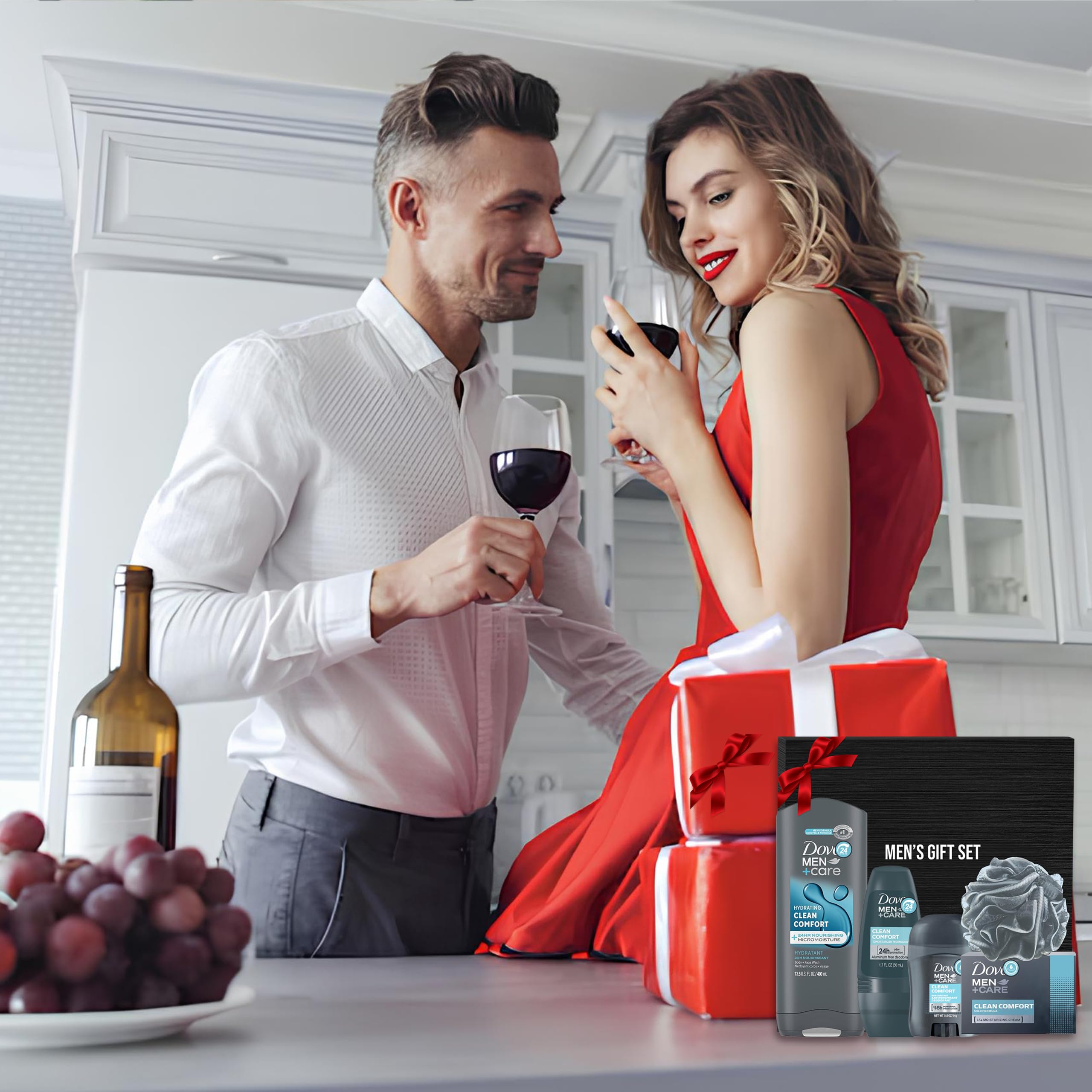 Men's Valentine's Day Gift Set - 5 Piece Body Care Kit with Clean Comfort Body Wash, Deodorant Stick & Roll-On, Bar Soap & Shower Pouf - Perfect for Romantic Gifts, Anniversary Presents & Self-Care Routines