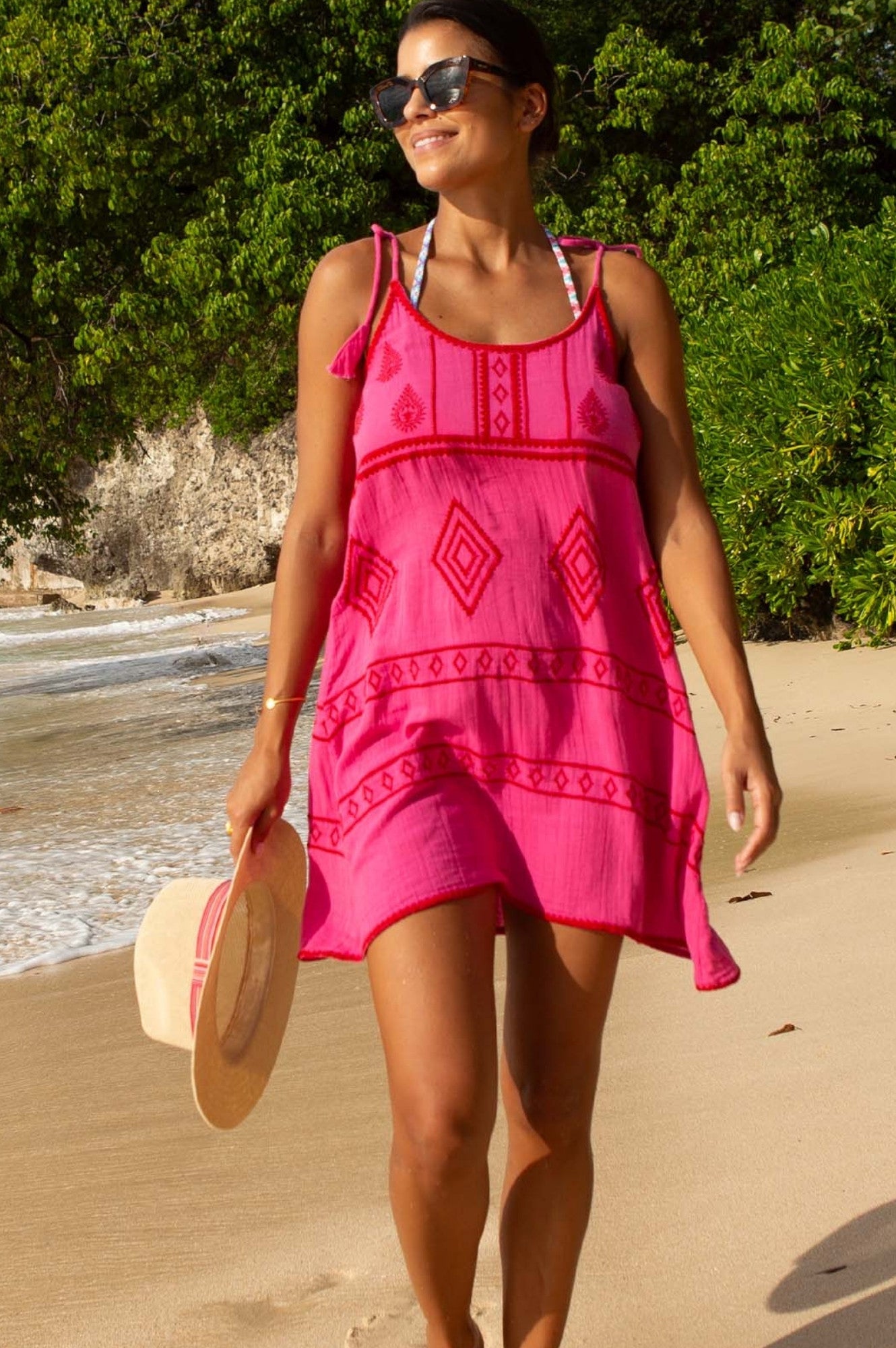 Imogen Dress - Elegant Pink & Red Floral Summer Dress for Women | Perfect for Weddings, Parties & Casual Outings