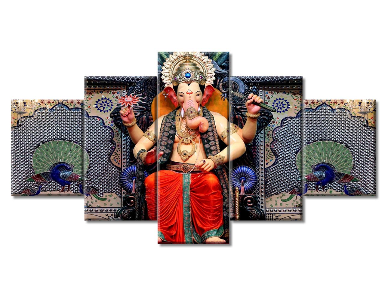 TUMOVO Lord Ganesha Wall Art Set - 5 Piece Framed Indian God Decor for Living Room, Bedroom & Office - Modern Spiritual Home Decorations Ready to Hang (60