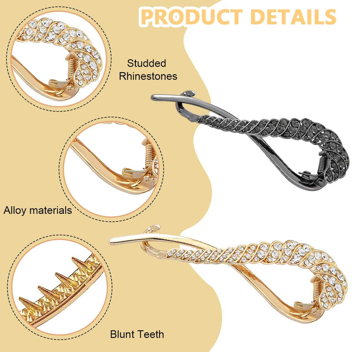 PALAY® 2-Pack Rhinestone Hair Bun Clips for Women - French Style Metal Bun Makers for Medium to Thick Hair (Black & Gold Set) | Perfect for Updos, Weddings, Parties & Everyday Elegant Hairstyles