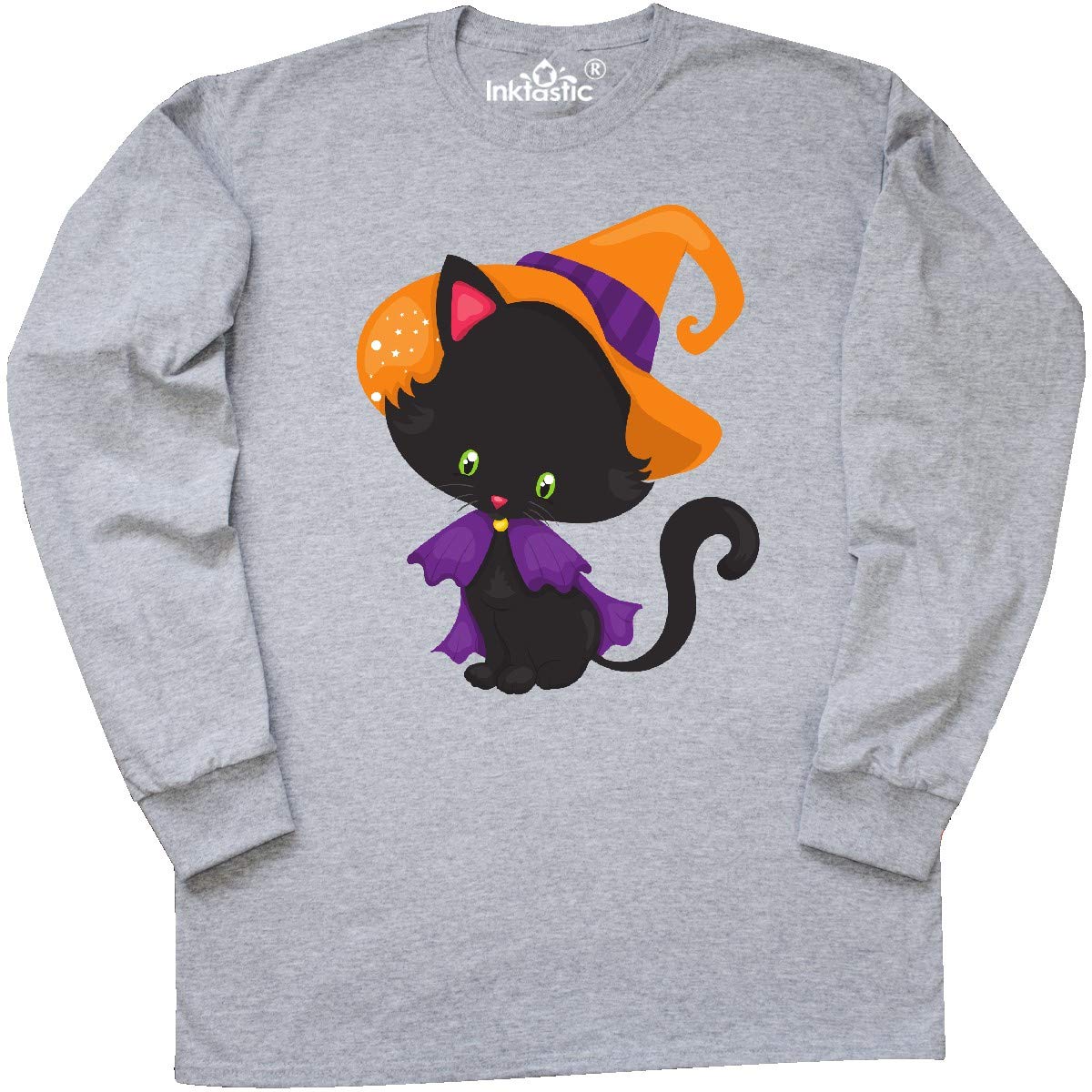 Inktastic Halloween Cat T-Shirt - Cute Black Cat with Witch Hat Long Sleeve Tee for Women & Men | Perfect for Halloween Costumes, Spooky Parties & Fall Fashion
