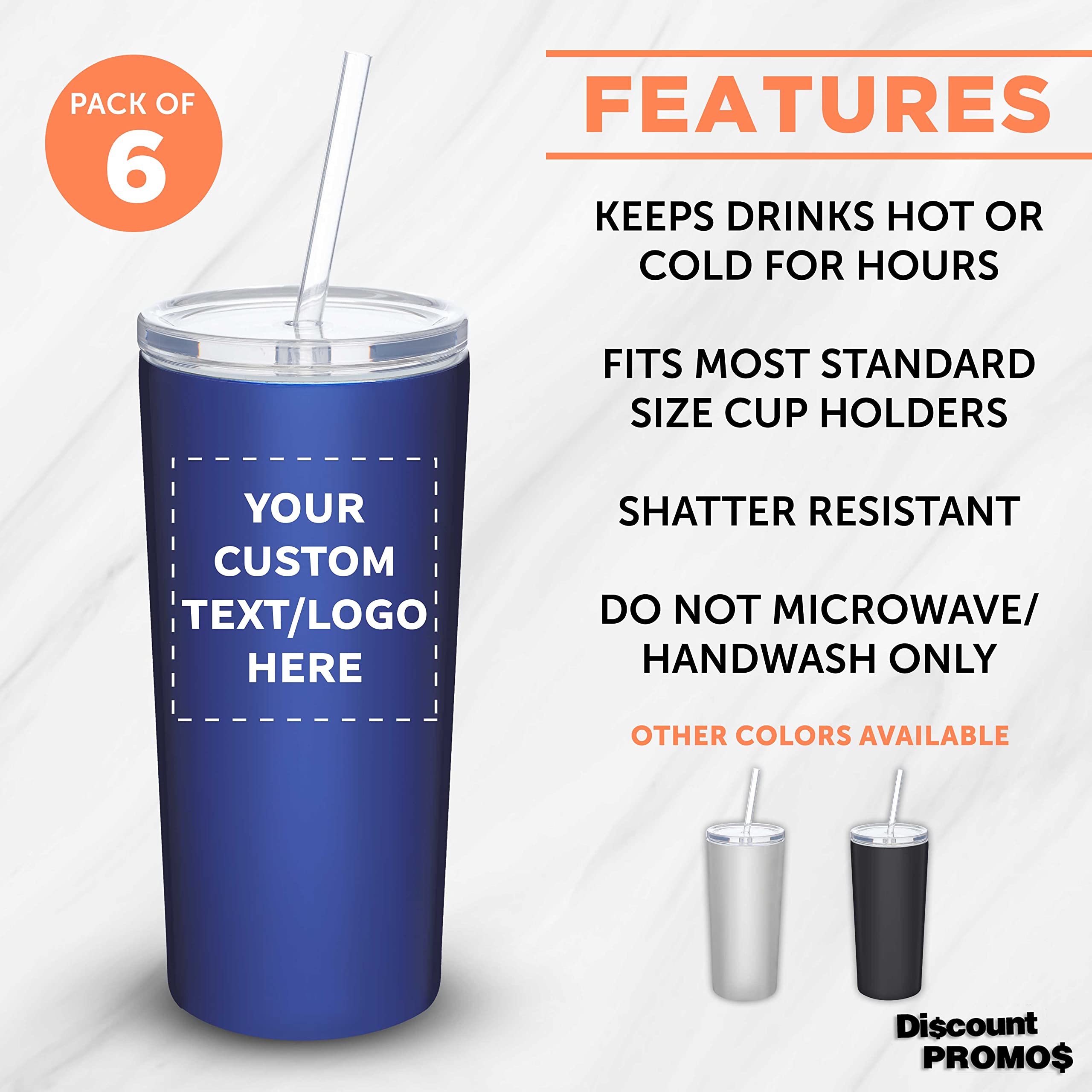 6 Pack 16oz Stainless Steel Tumblers with Straws - Double Wall Insulated, Leak-Proof Tritan Lid - Custom Engraved Text/Logo - Perfect for Office, Gym & Outdoor Activities - Blue