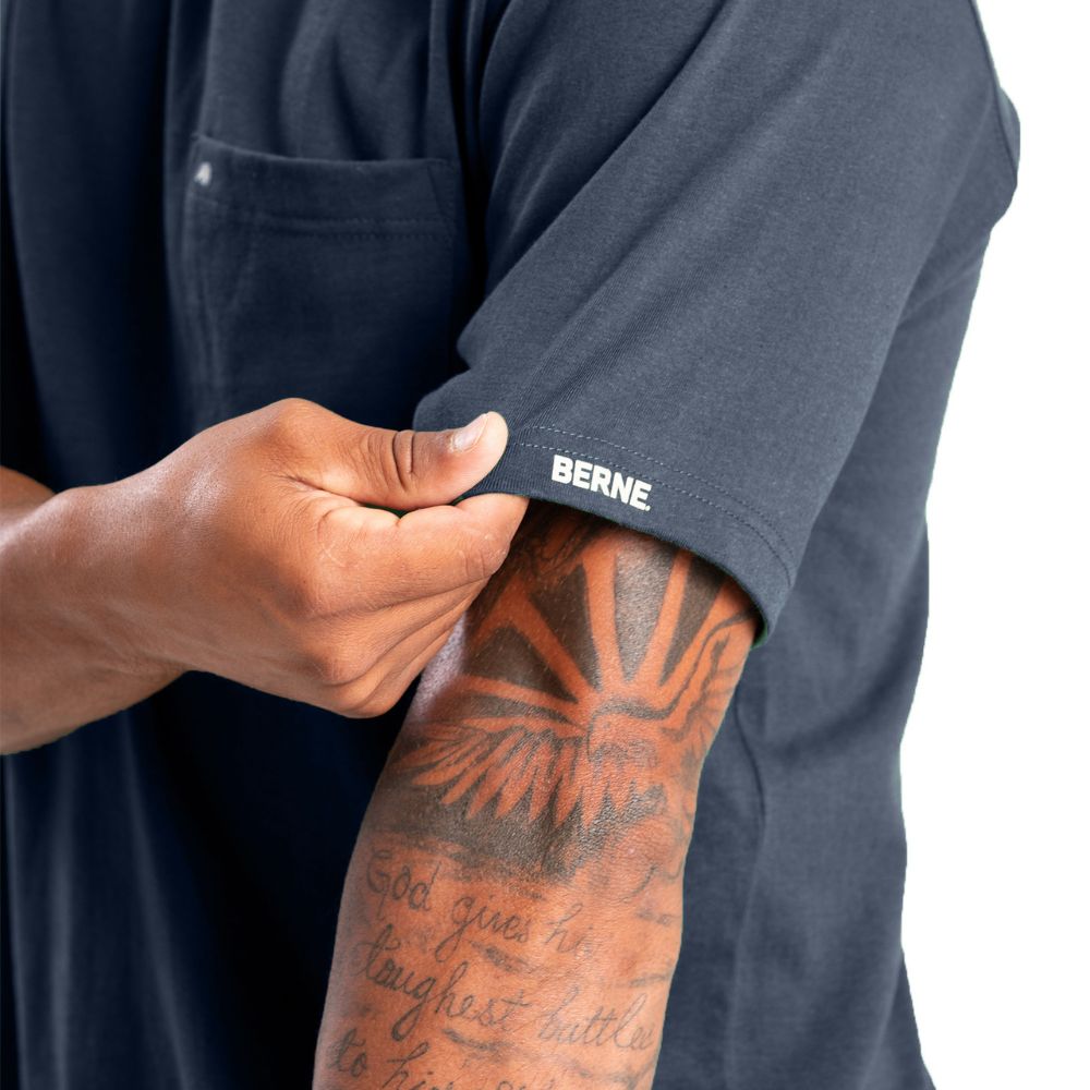 Berne Men's Heavyweight Short Sleeve Pocket Work Shirt - Durable Cotton Blend, Comfortable Fit, Navy Blue (BSM71) | Ideal for Construction, Farming, Outdoor Work & Casual Wear