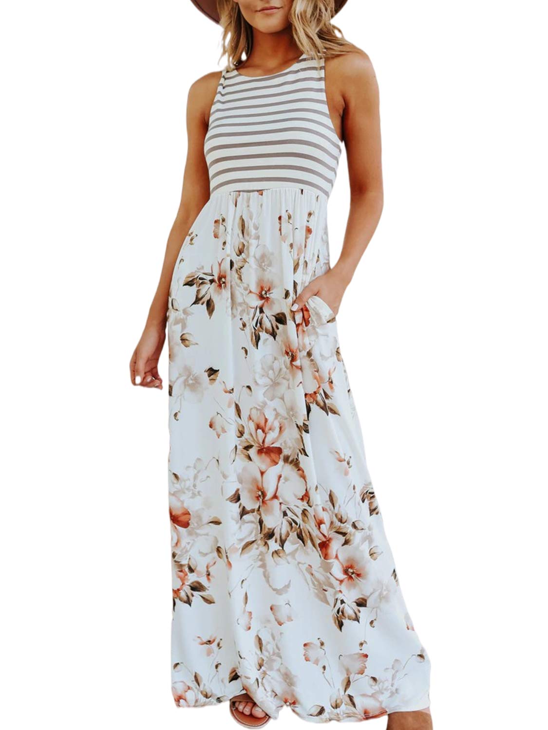 Simplee Apparel Women's Floral Print Striped Patchwork Maxi Dress with Pockets - Casual Boho Summer Beach Dress for Vacation, Date Night & Outdoor Parties
