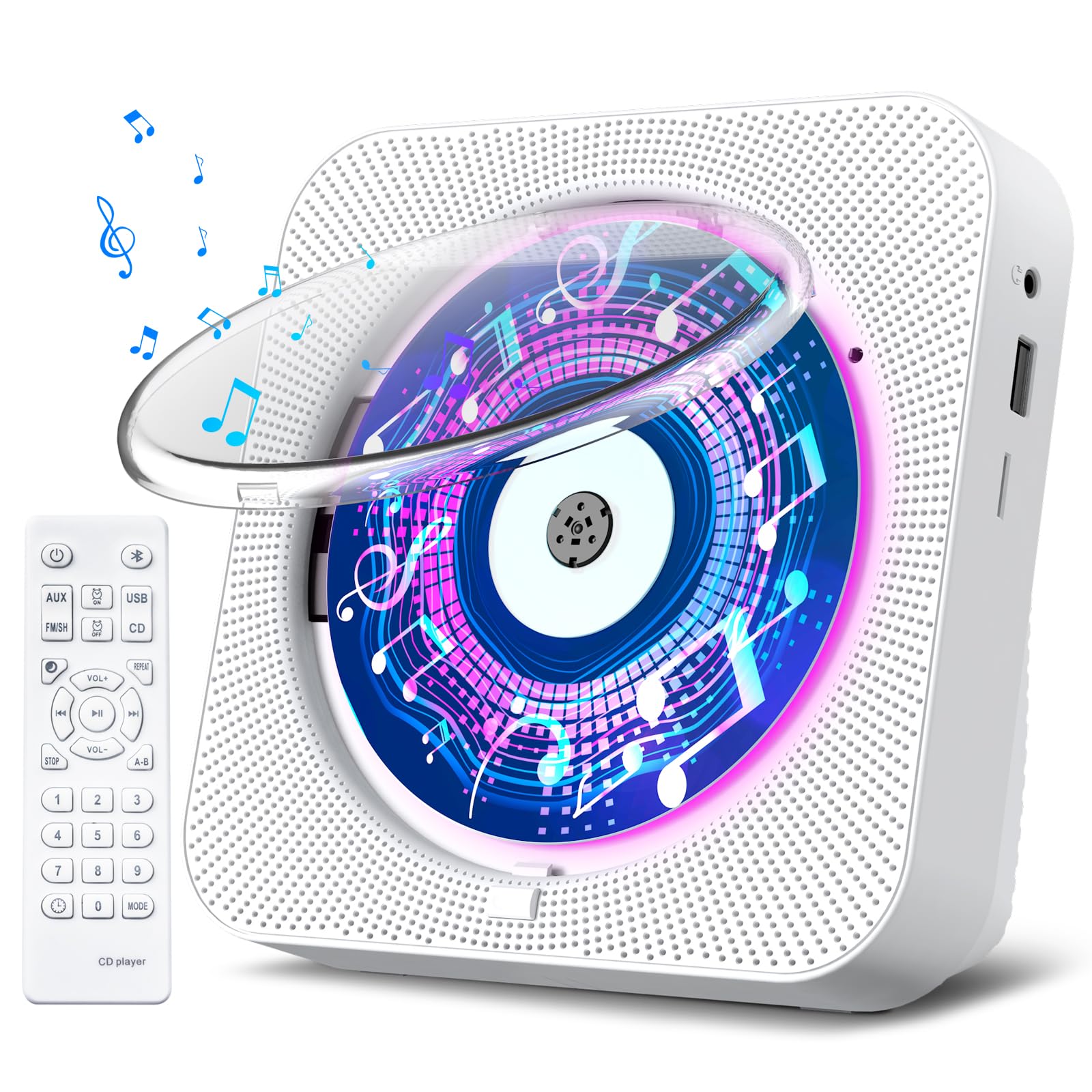 Portable Bluetooth CD Player with Built-in Speakers, FM Radio, Remote Control, LED Display & Timer - Supports AUX/USB/TF Card Playback - Perfect for Home, Office, or Car Audio Entertainment