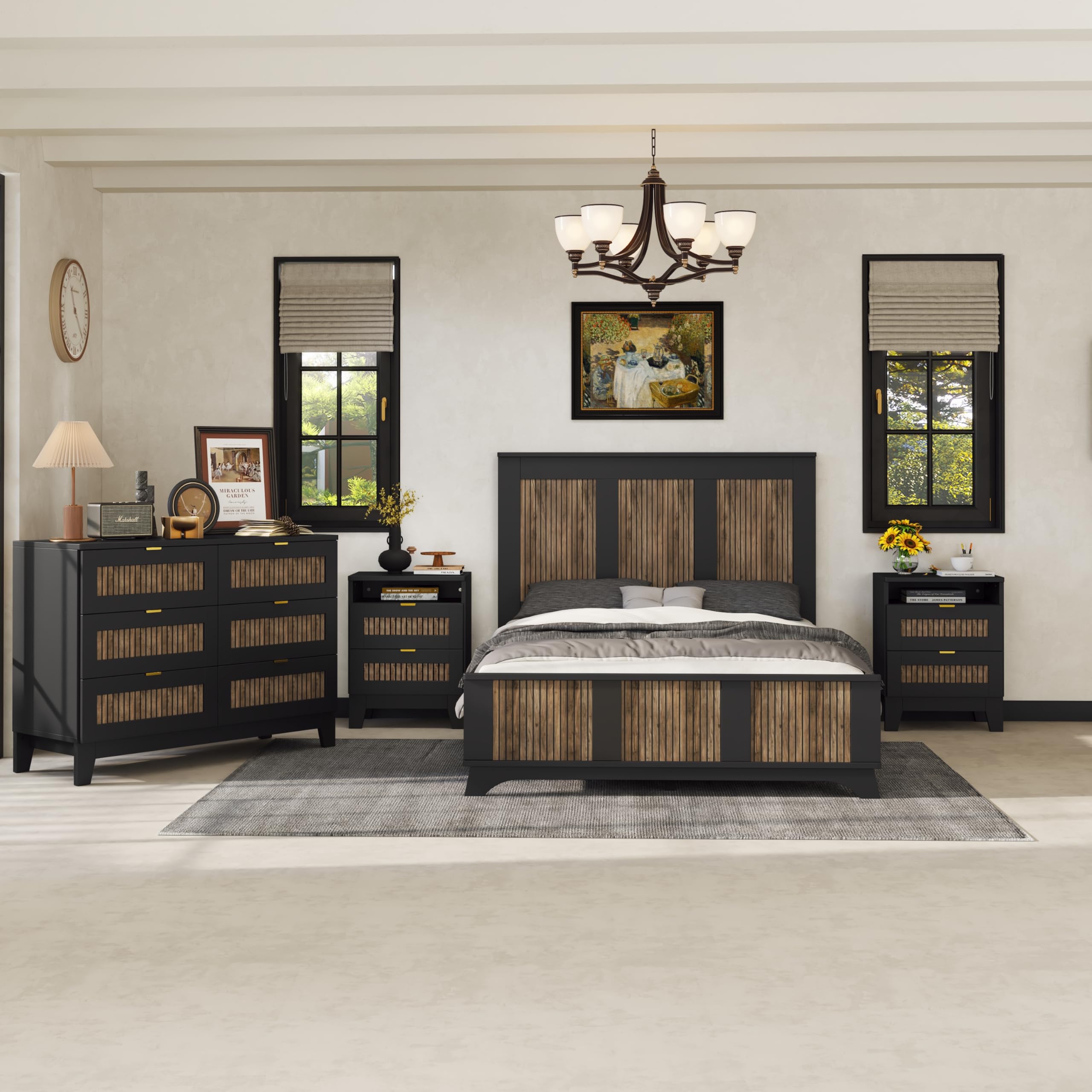 4-Piece Full Size Farmhouse Bedroom Set with Wooden Strip Platform Bed, 2 Storage Nightstands & 6-Drawer Dresser with Metal Handles - Black - Perfect for Kids & Teens Rooms, Guest Bedrooms & Cozy Farmhouse Style Homes