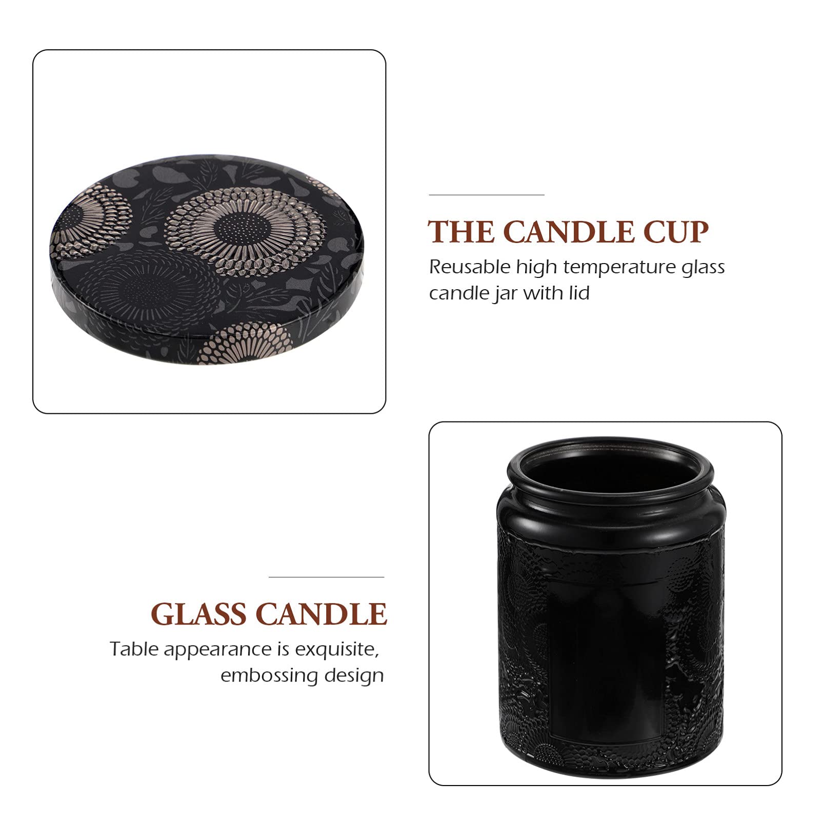 EXCEART 6-Piece Glass Candle Jars with Lids - Embossed Round Canning Storage Containers for Candle Making, Jam, Lotion & Party Favors - Retro Black Decor for Home, Kitchen & DIY Crafts