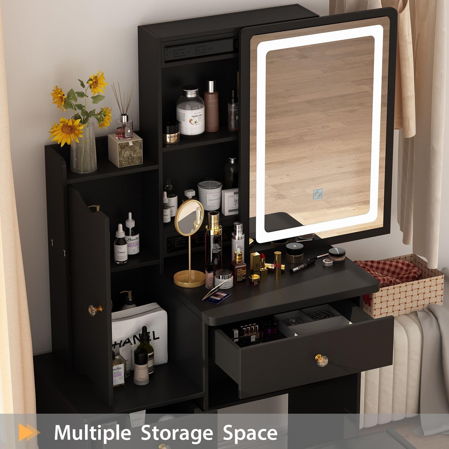 FAMAPY Black Vanity Mirror with LED Lights, Makeup Vanity Desk Set with Sliding Mirror, Storage Drawers & Crystal Handles - Includes Cushioned Stool for Bedroom, Dressing Room or Beauty Salon